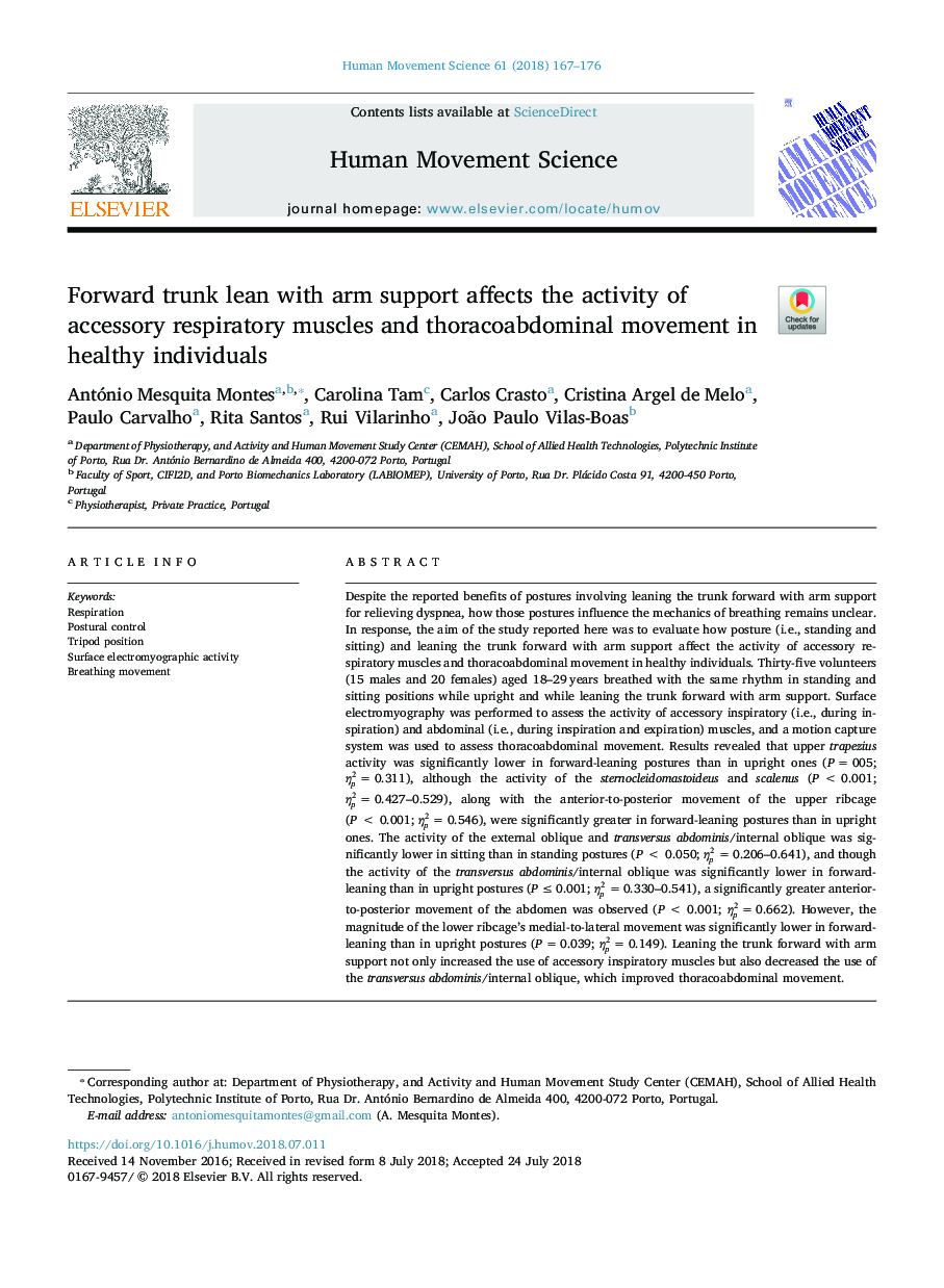 Forward trunk lean with arm support affects the activity of accessory respiratory muscles and thoracoabdominal movement in healthy individuals