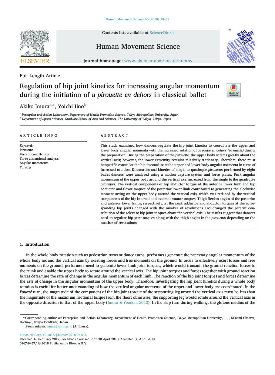 Regulation of hip joint kinetics for increasing angular momentum during the initiation of a pirouette en dehors in classical ballet