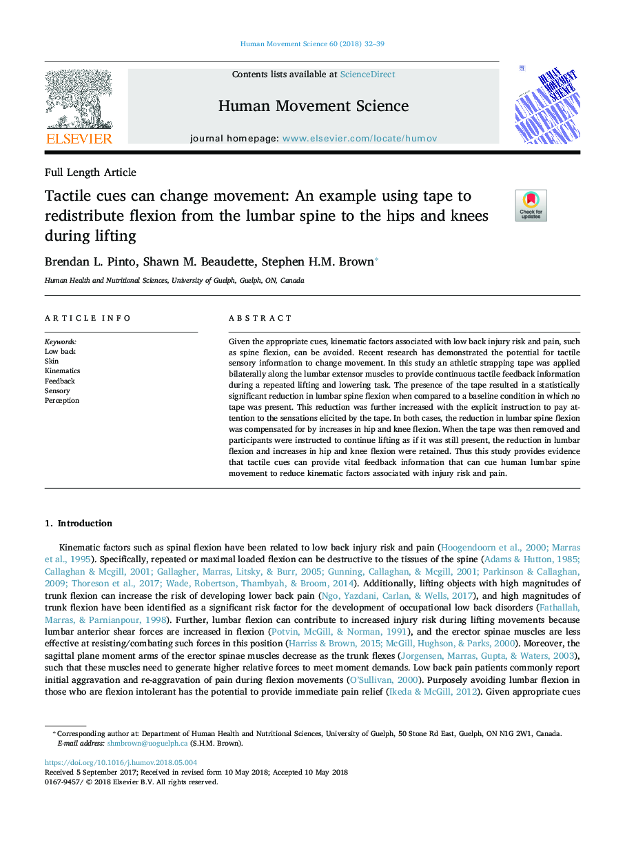 Tactile cues can change movement: An example using tape to redistribute flexion from the lumbar spine to the hips and knees during lifting