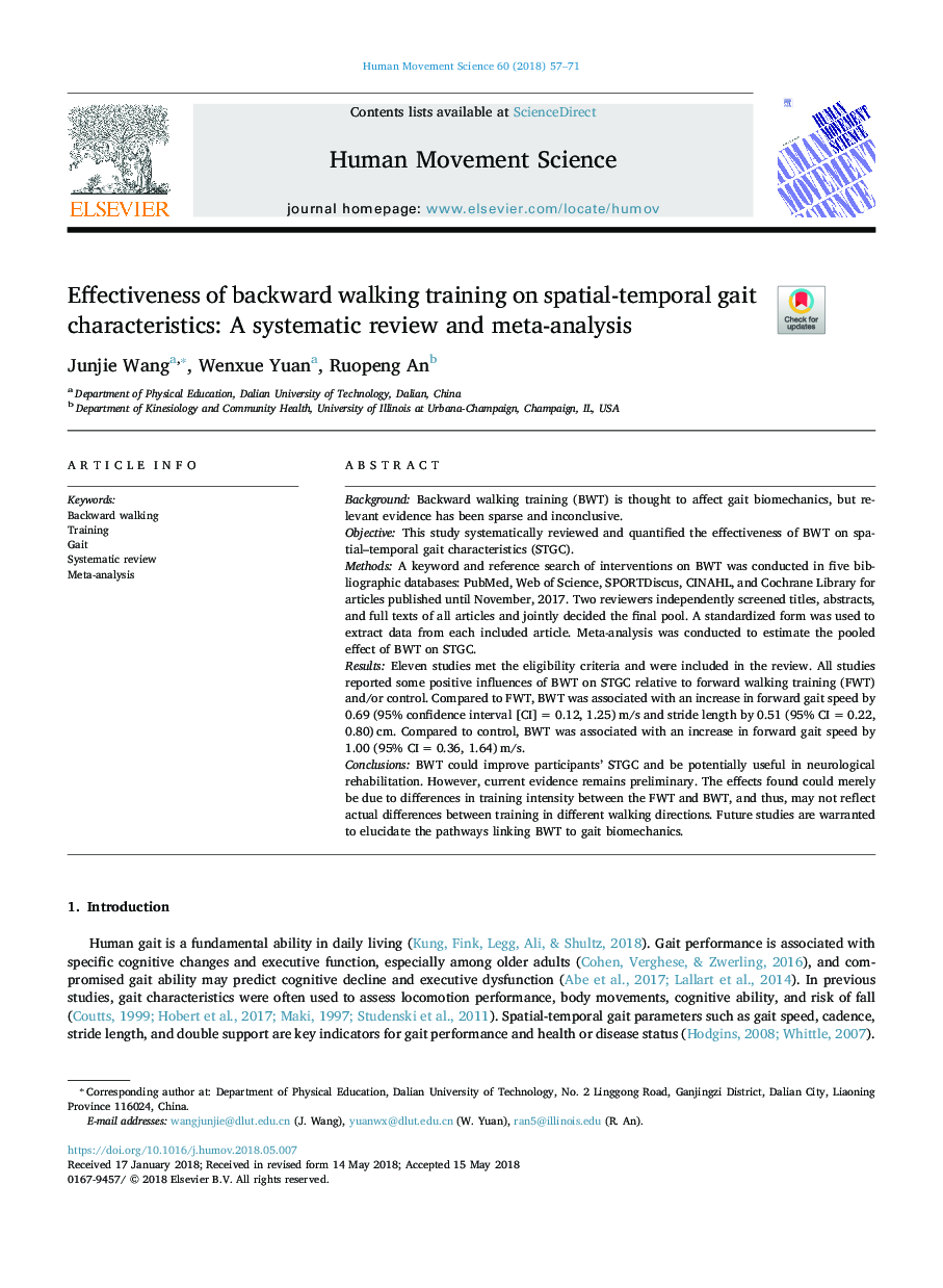 Effectiveness of backward walking training on spatial-temporal gait characteristics: A systematic review and meta-analysis