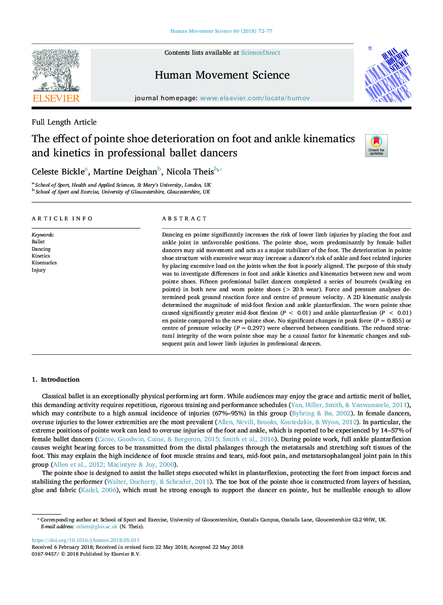 The effect of pointe shoe deterioration on foot and ankle kinematics and kinetics in professional ballet dancers