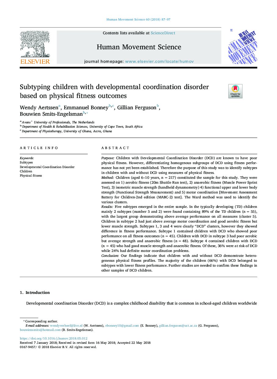 Subtyping children with developmental coordination disorder based on physical fitness outcomes