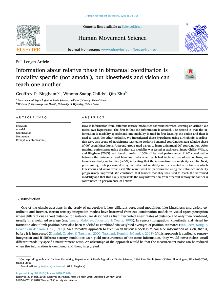 Information about relative phase in bimanual coordination is modality specific (not amodal), but kinesthesis and vision can teach one another