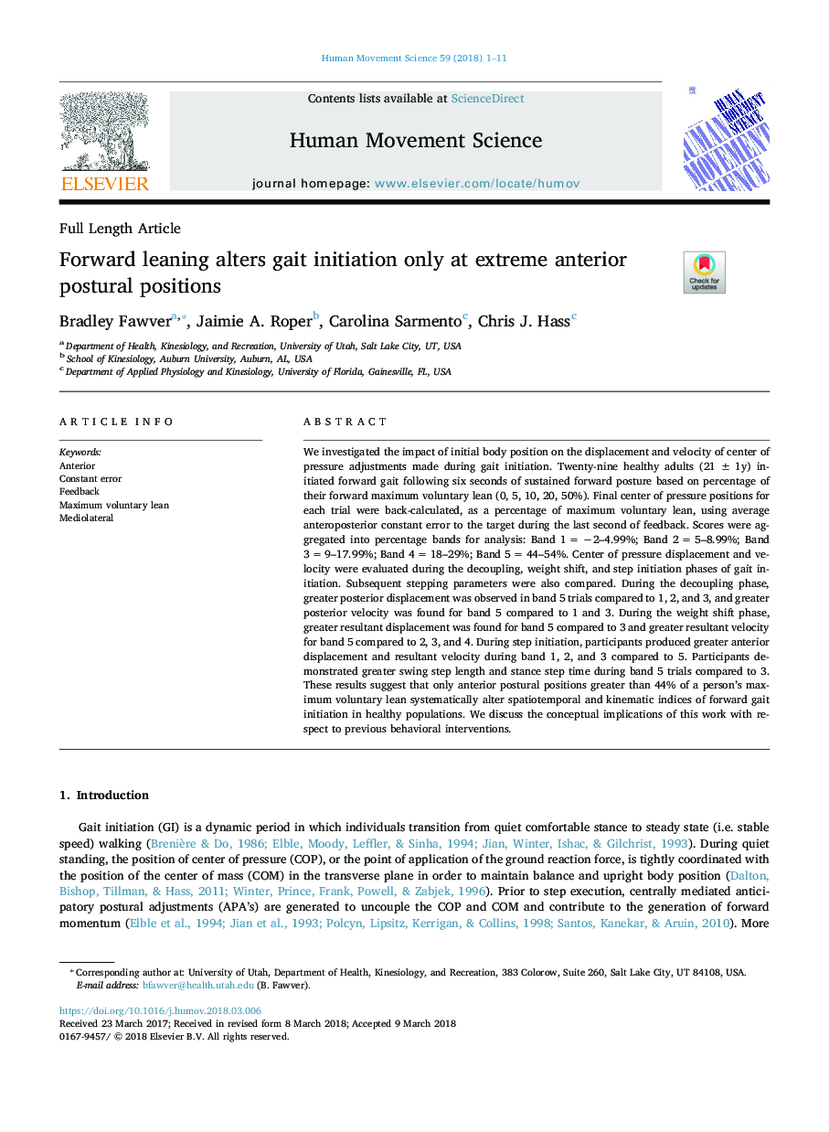 Forward leaning alters gait initiation only at extreme anterior postural positions