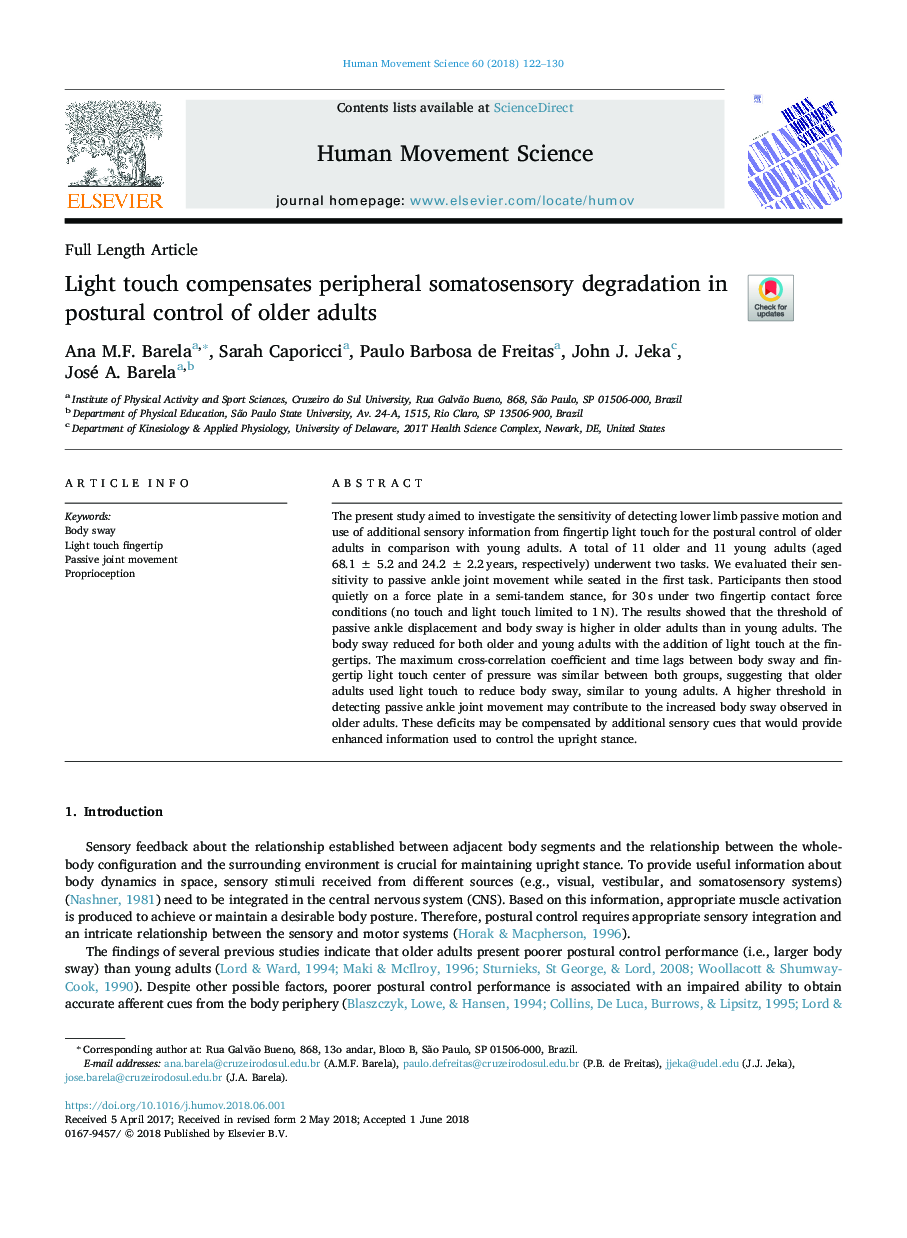 Light touch compensates peripheral somatosensory degradation in postural control of older adults