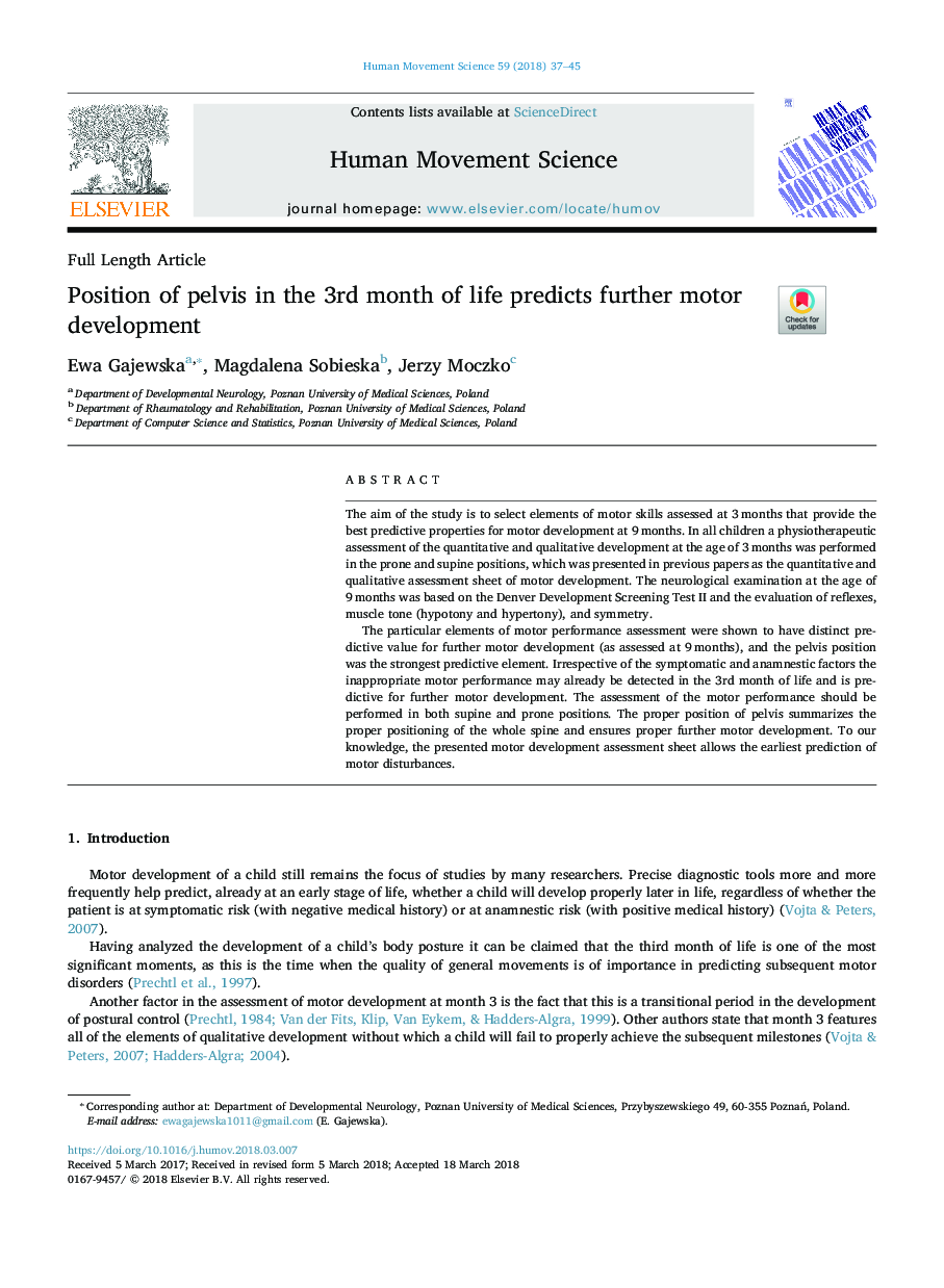 Position of pelvis in the 3rd month of life predicts further motor development