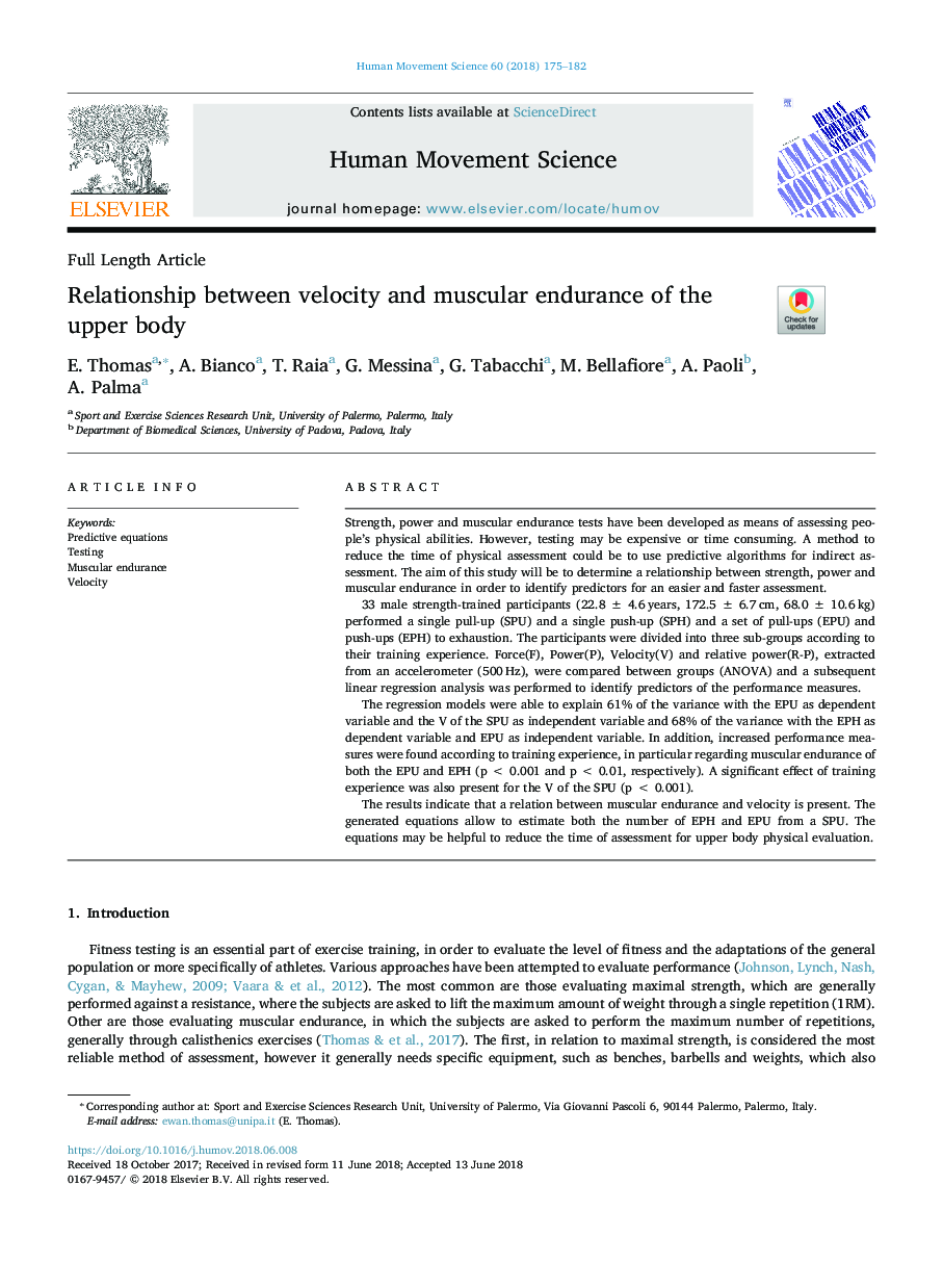 Relationship between velocity and muscular endurance of the upper body