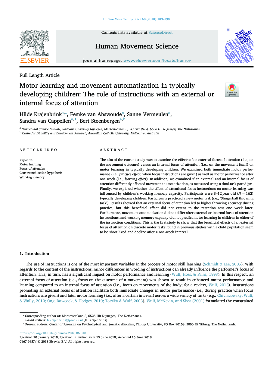 Motor learning and movement automatization in typically developing children: The role of instructions with an external or internal focus of attention