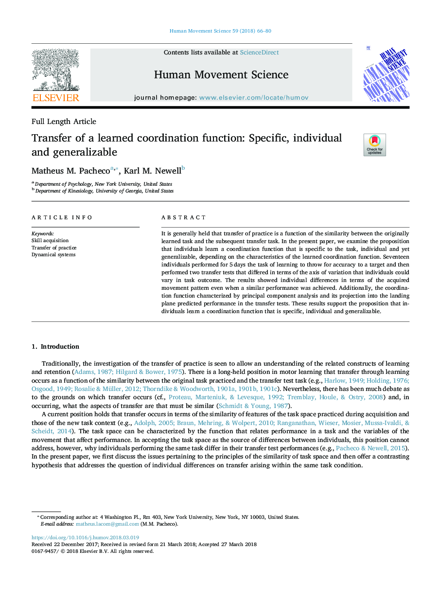 Transfer of a learned coordination function: Specific, individual and generalizable