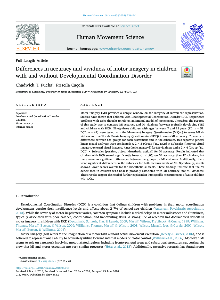 Differences in accuracy and vividness of motor imagery in children with and without Developmental Coordination Disorder