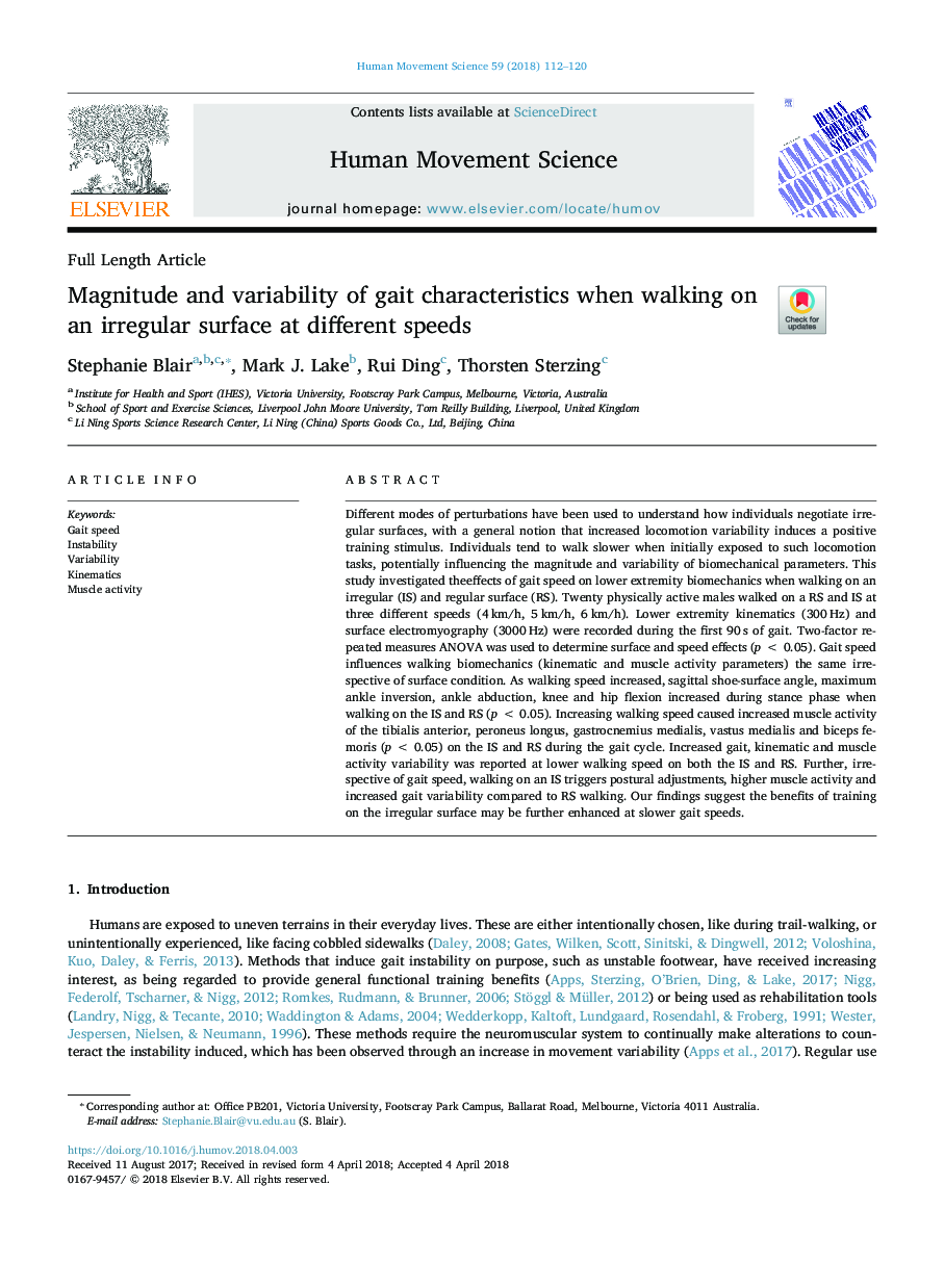 Magnitude and variability of gait characteristics when walking on an irregular surface at different speeds