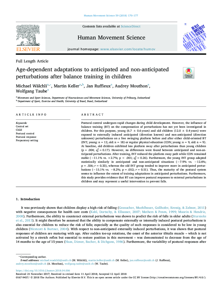 Age-dependent adaptations to anticipated and non-anticipated perturbations after balance training in children