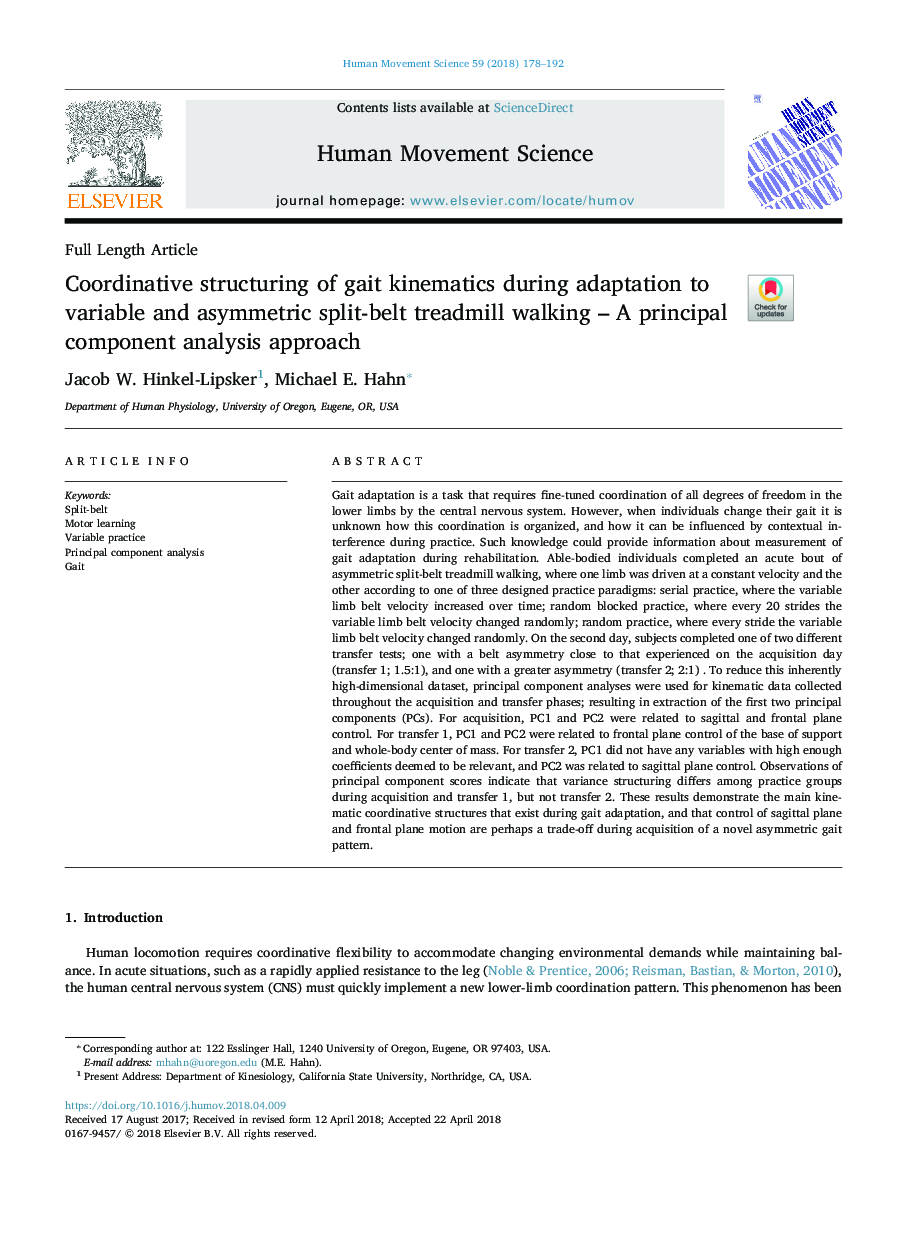 Coordinative structuring of gait kinematics during adaptation to variable and asymmetric split-belt treadmill walking - A principal component analysis approach