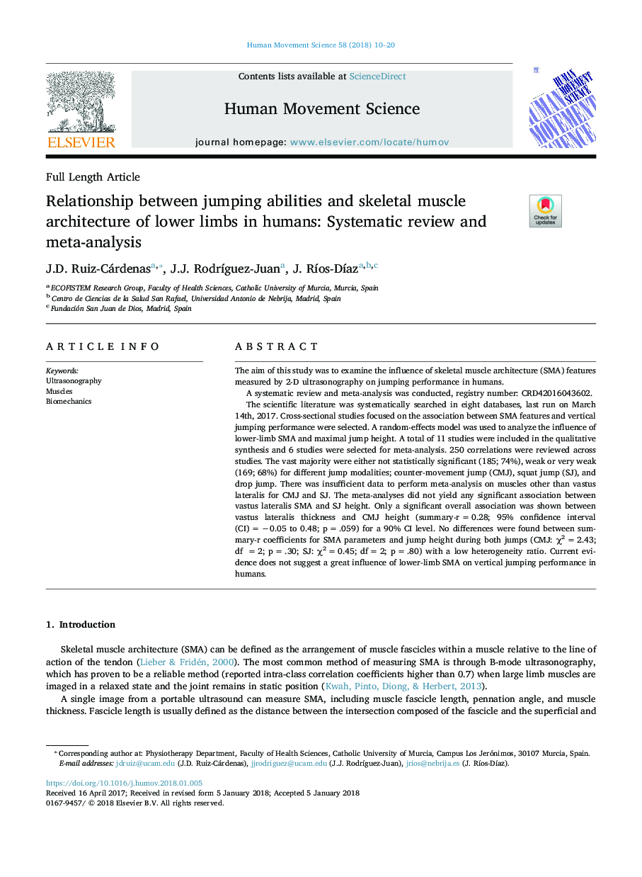 Relationship between jumping abilities and skeletal muscle architecture of lower limbs in humans: Systematic review and meta-analysis