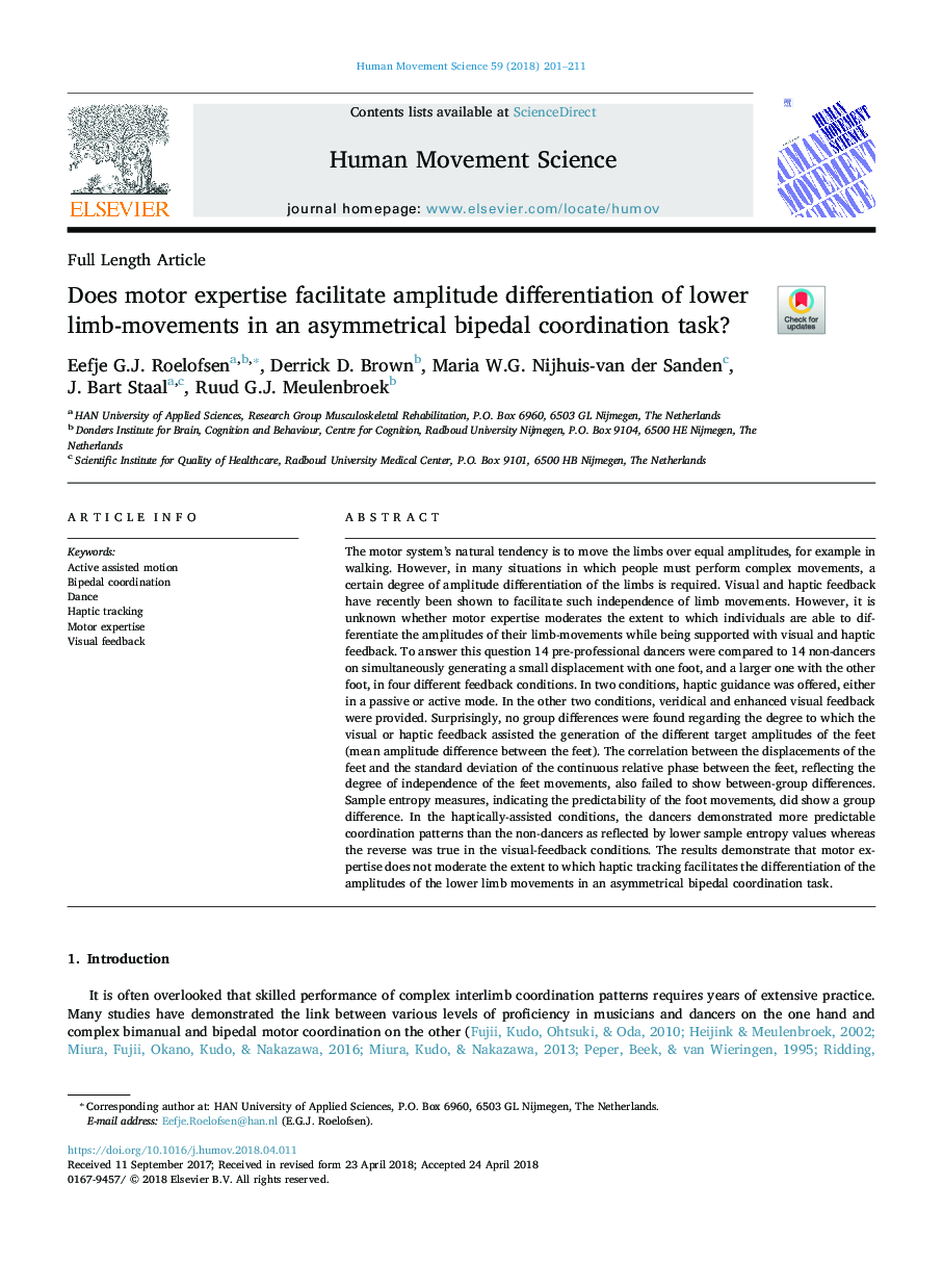 Does motor expertise facilitate amplitude differentiation of lower limb-movements in an asymmetrical bipedal coordination task?