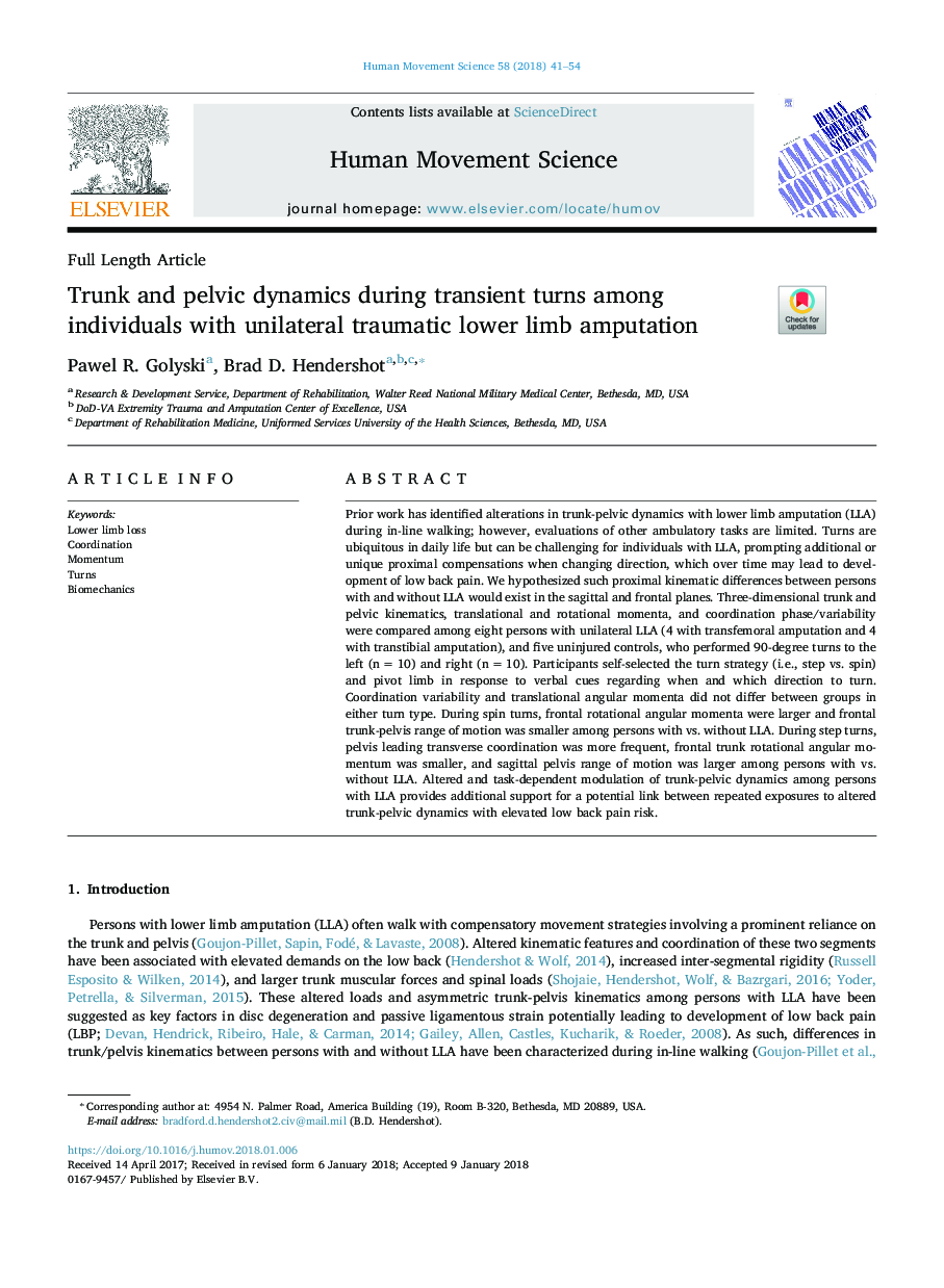 Trunk and pelvic dynamics during transient turns among individuals with unilateral traumatic lower limb amputation