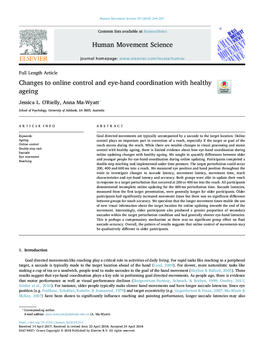 Changes to online control and eye-hand coordination with healthy ageing