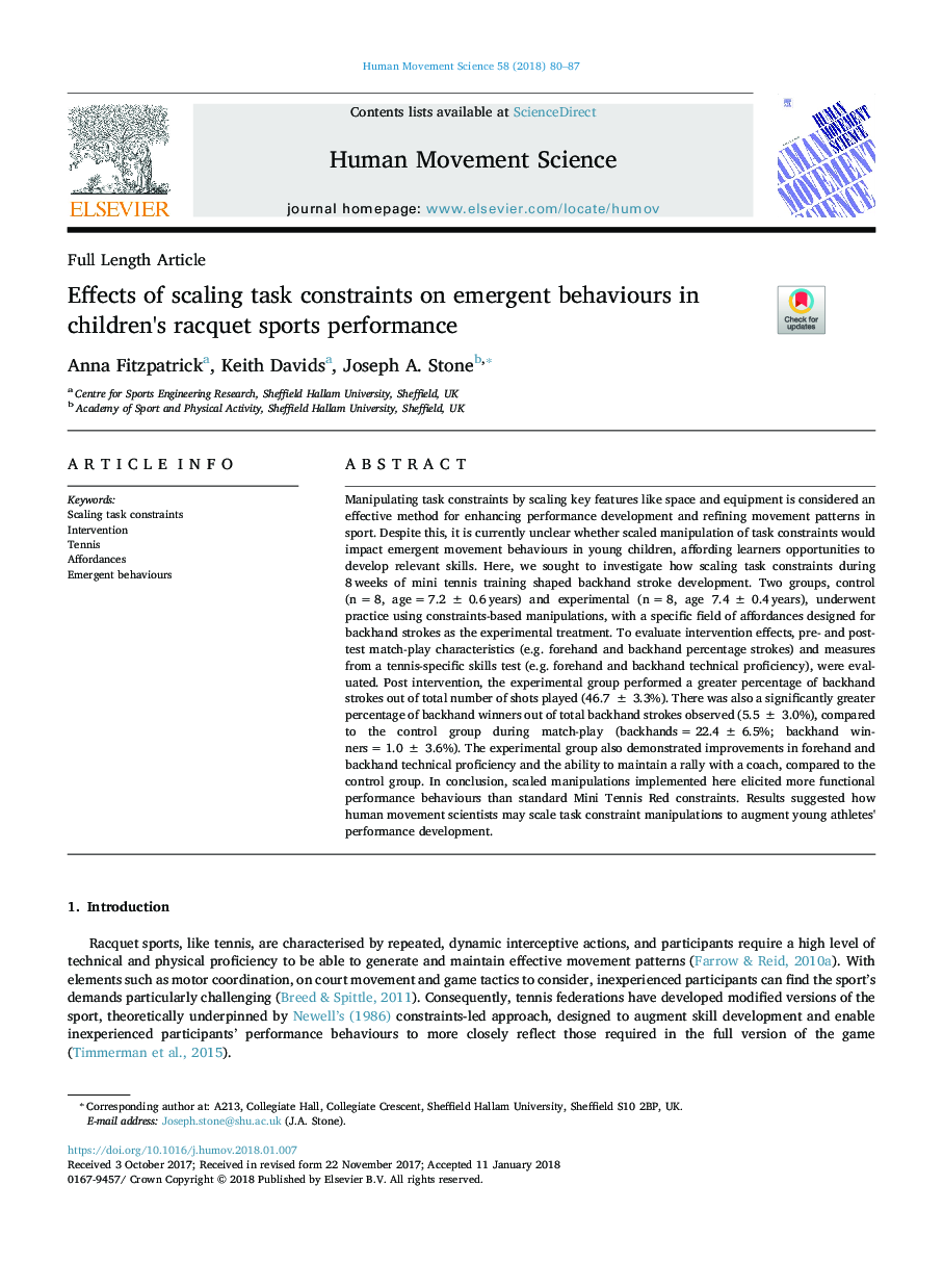 Effects of scaling task constraints on emergent behaviours in children's racquet sports performance