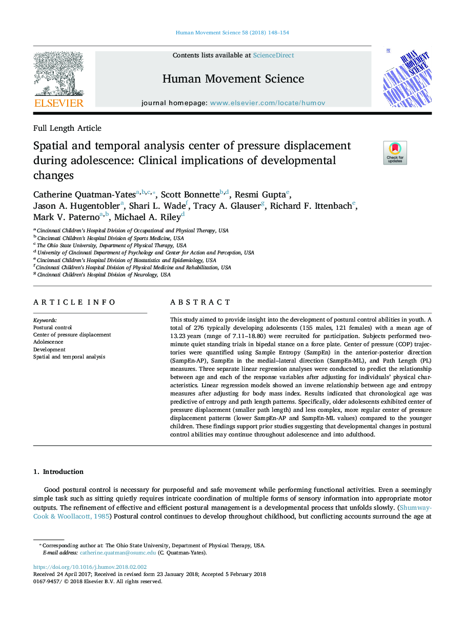 Spatial and temporal analysis center of pressure displacement during adolescence: Clinical implications of developmental changes