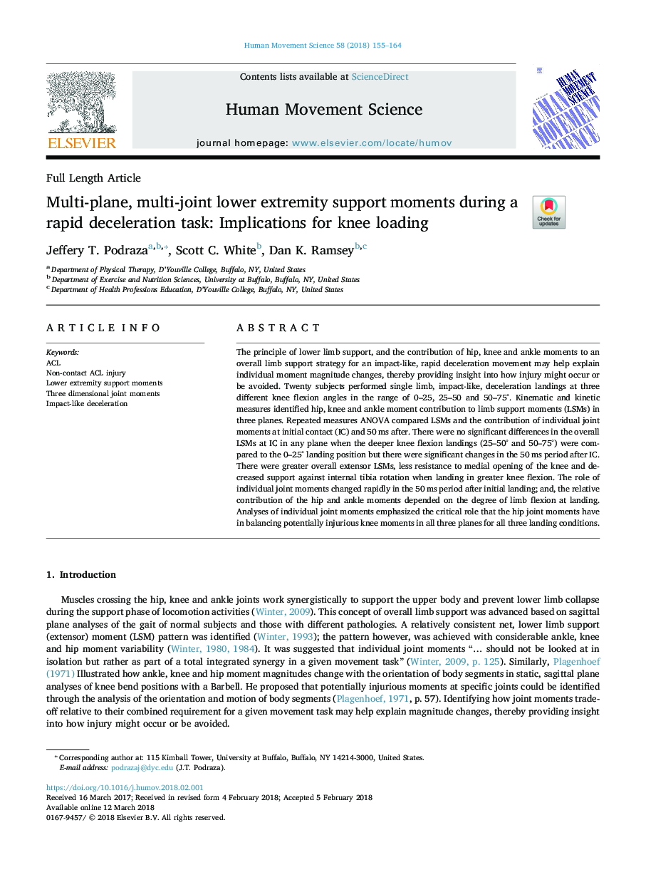 Multi-plane, multi-joint lower extremity support moments during a rapid deceleration task: Implications for knee loading