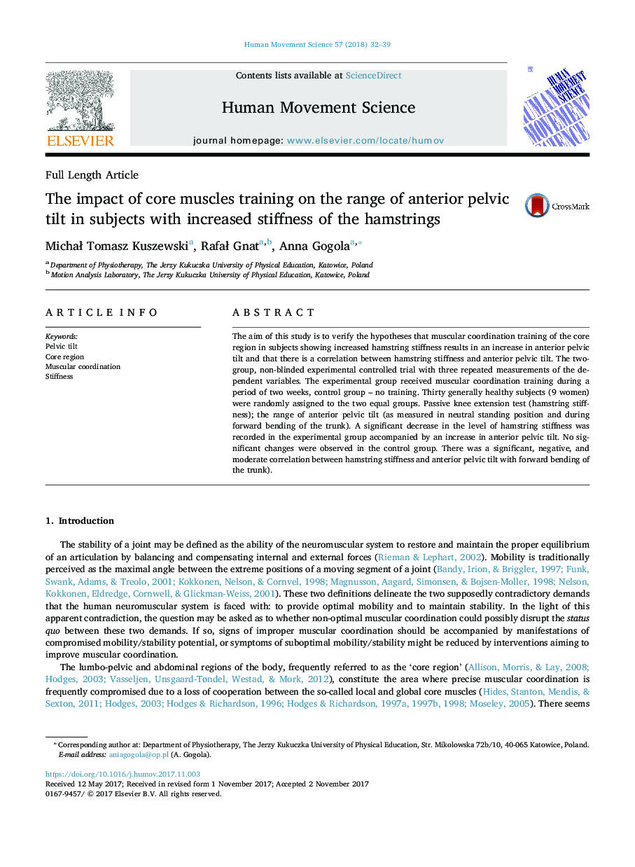 The impact of core muscles training on the range of anterior pelvic tilt in subjects with increased stiffness of the hamstrings