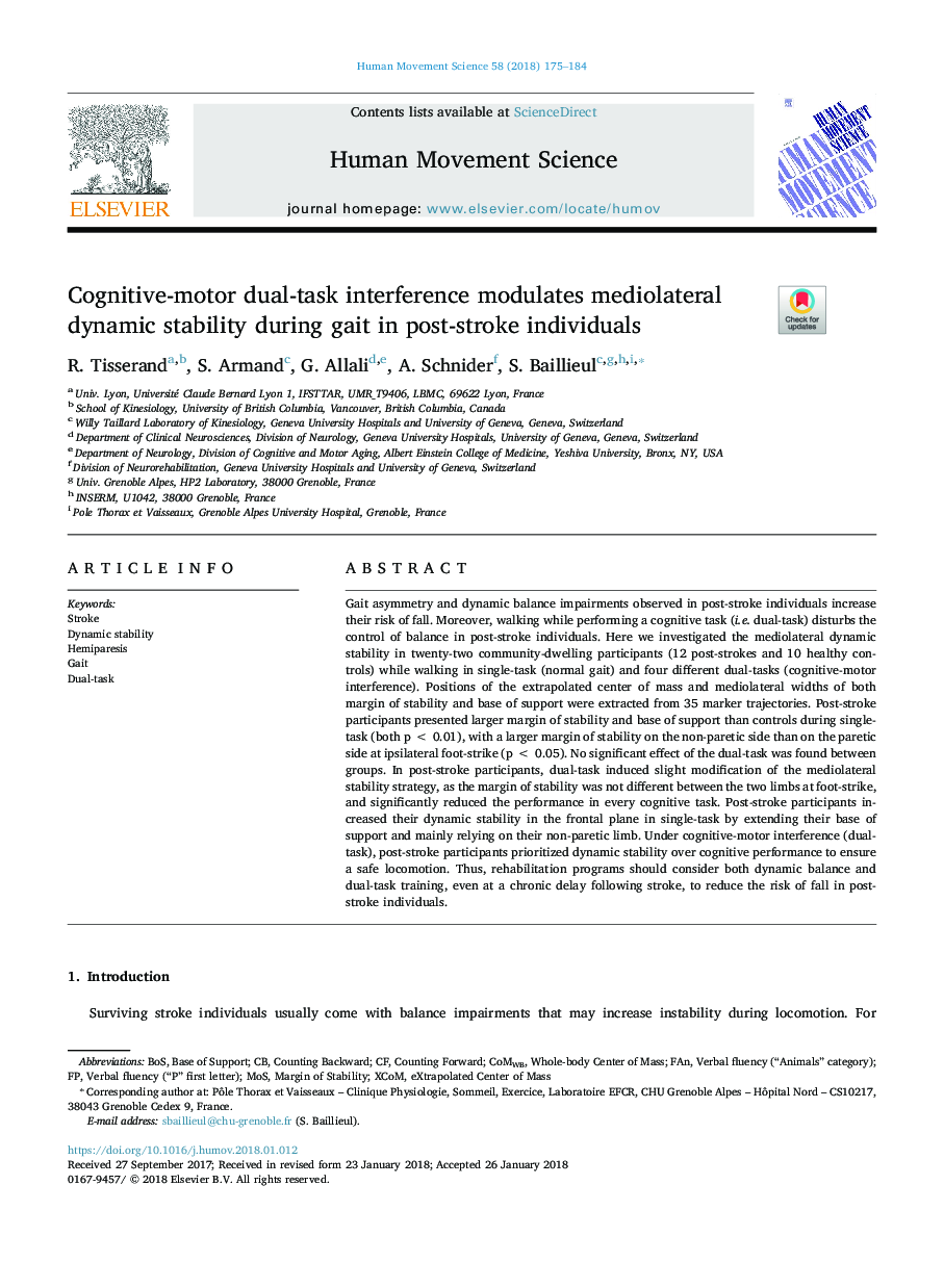 Cognitive-motor dual-task interference modulates mediolateral dynamic stability during gait in post-stroke individuals