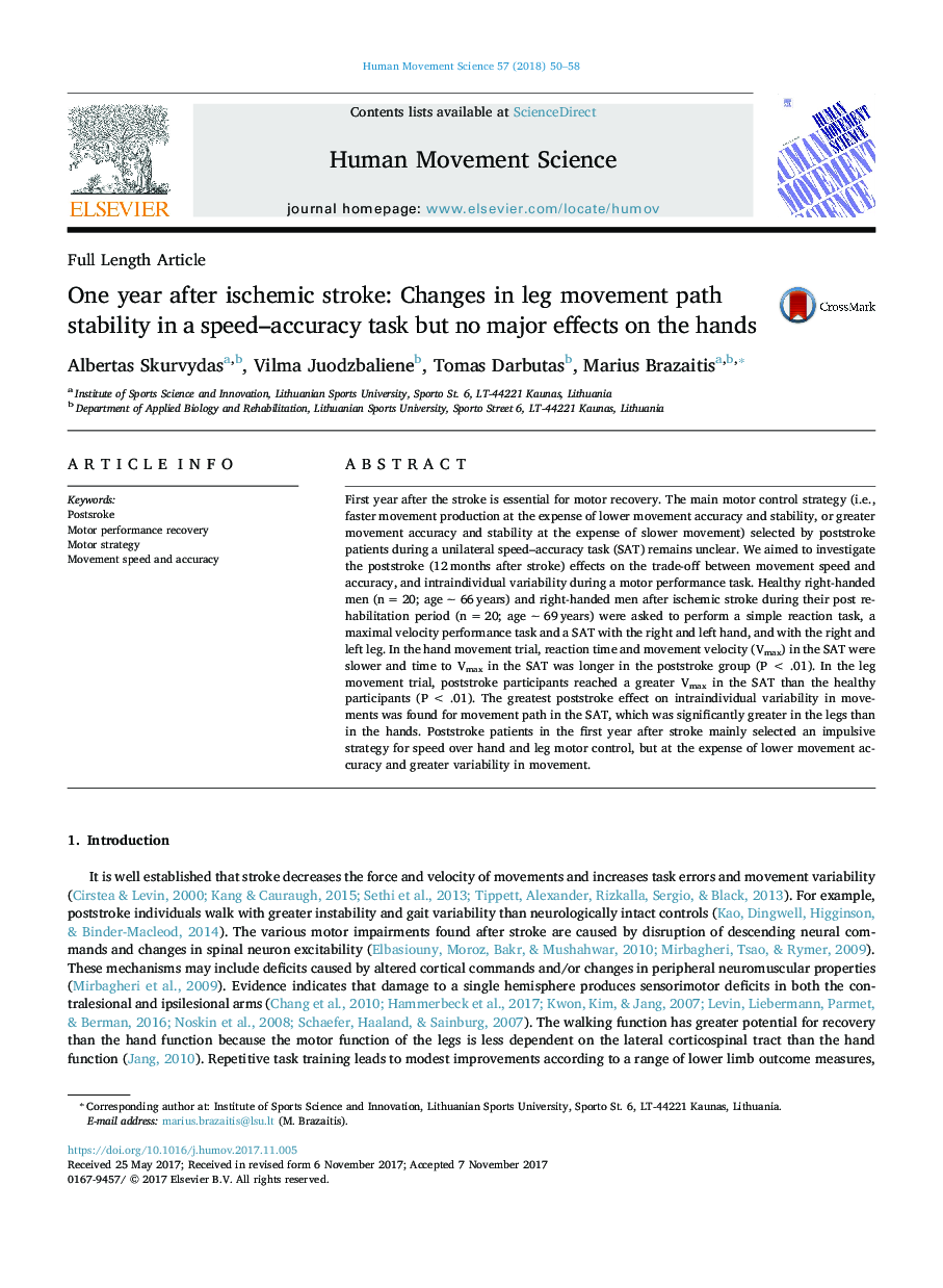 One year after ischemic stroke: Changes in leg movement path stability in a speed-accuracy task but no major effects on the hands