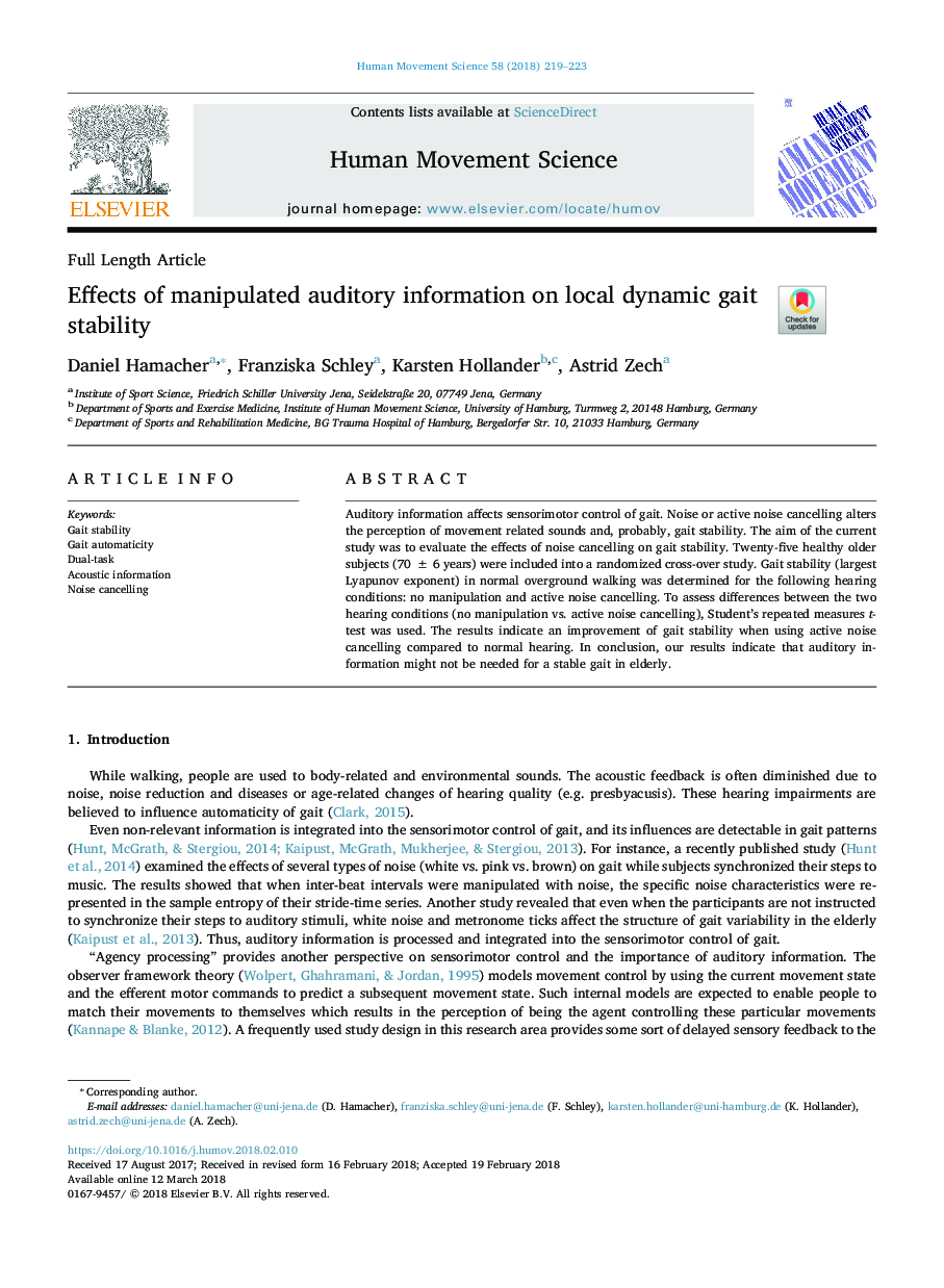 Effects of manipulated auditory information on local dynamic gait stability