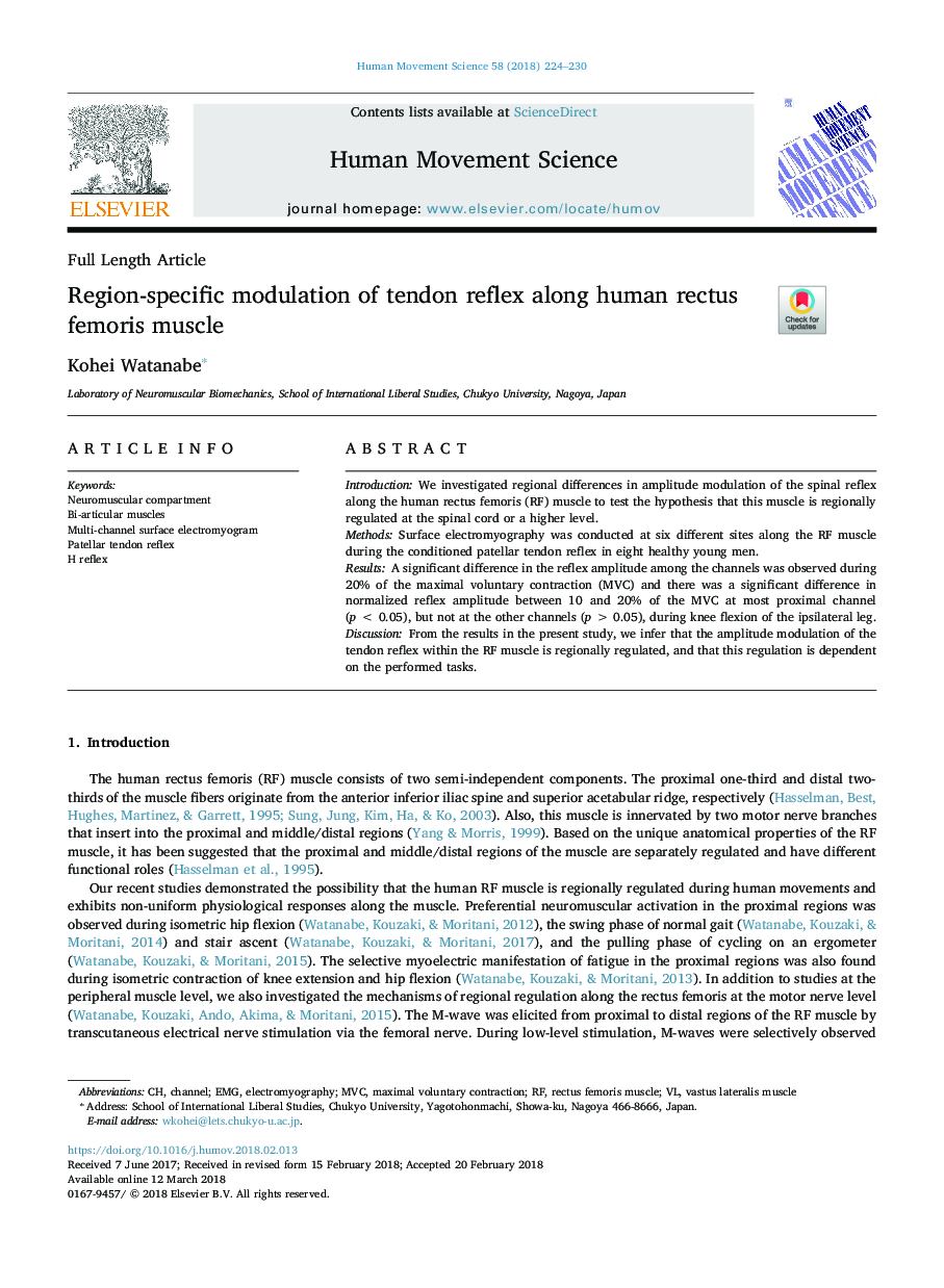 Region-specific modulation of tendon reflex along human rectus femoris muscle