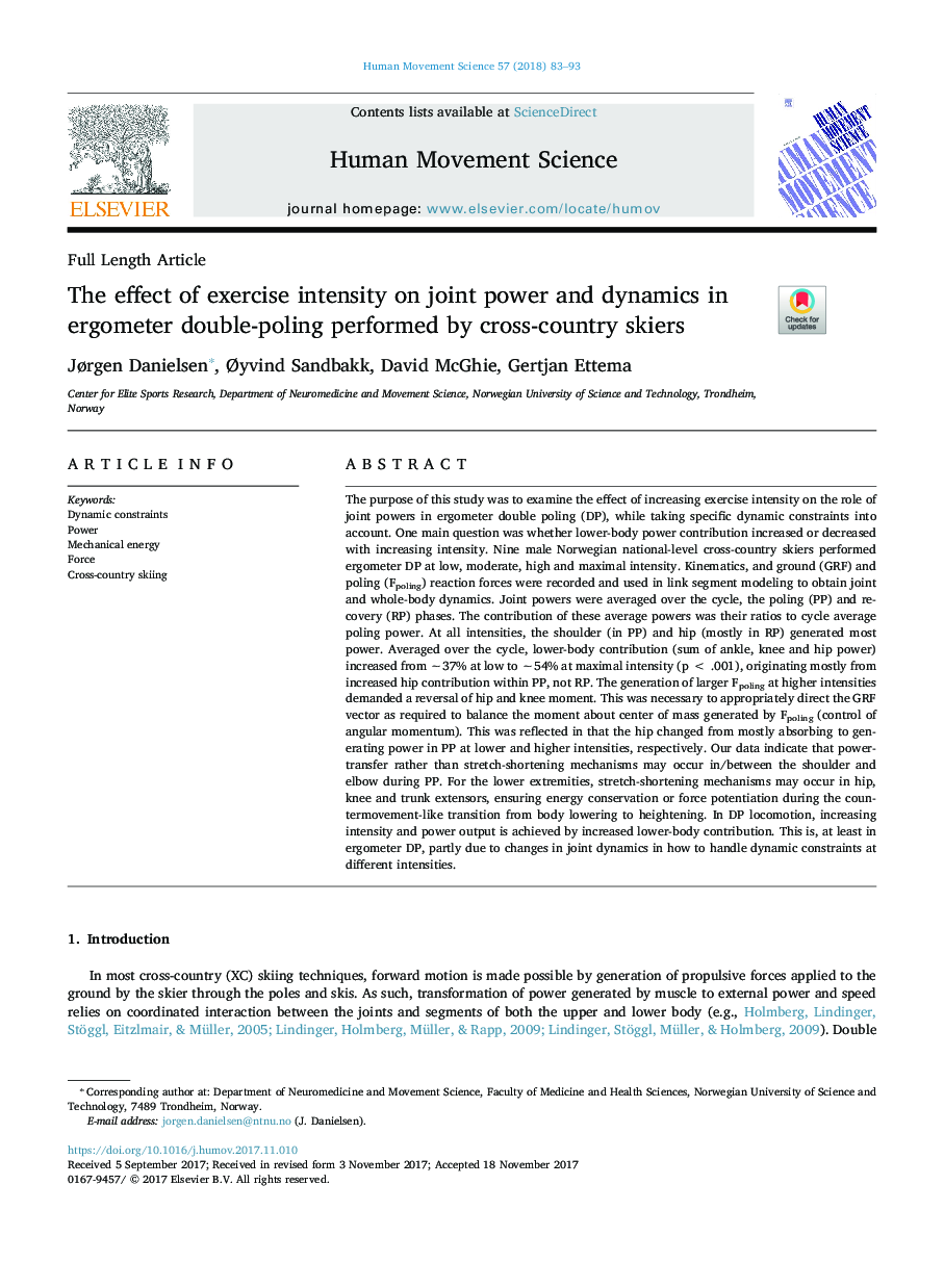 The effect of exercise intensity on joint power and dynamics in ergometer double-poling performed by cross-country skiers