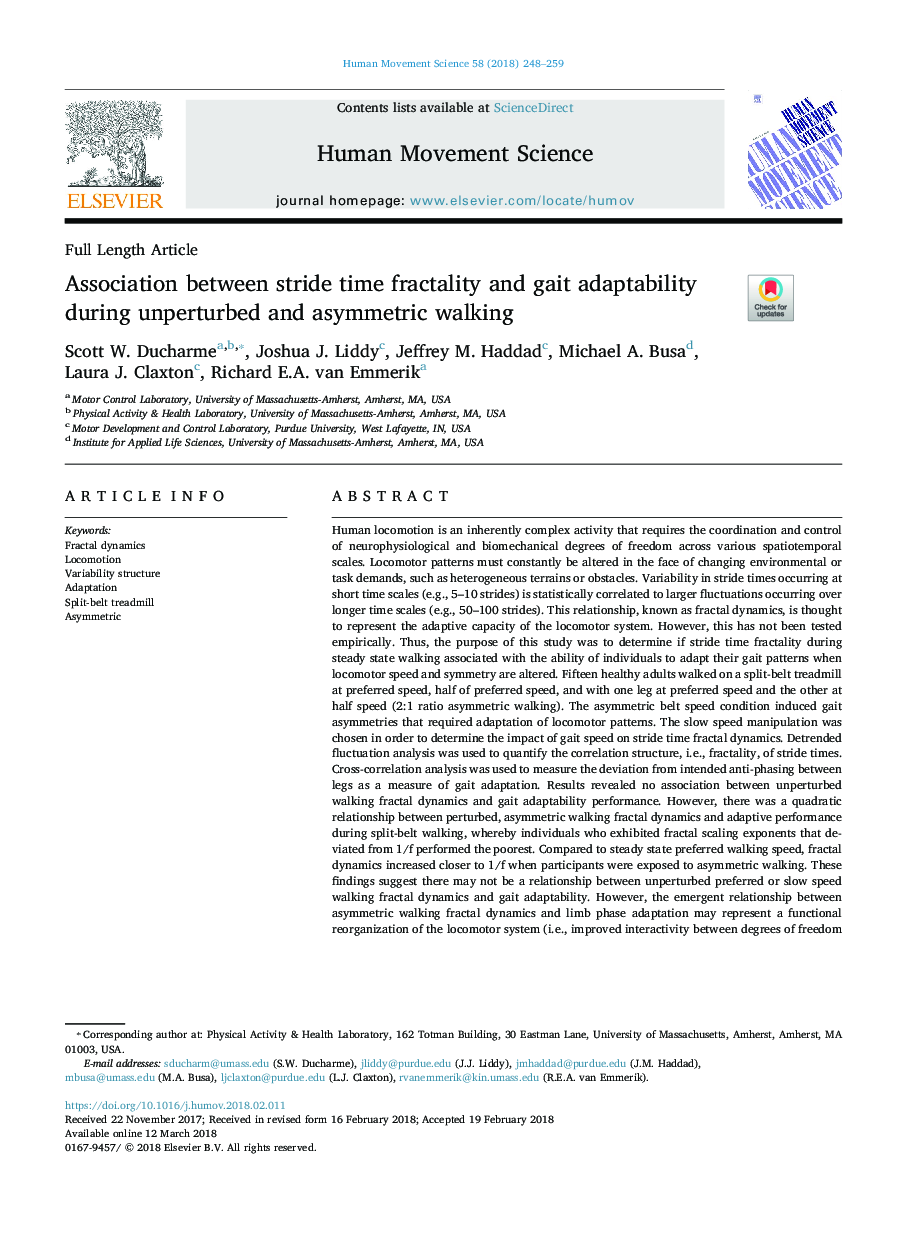 Association between stride time fractality and gait adaptability during unperturbed and asymmetric walking