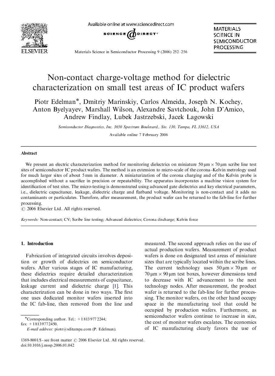 Non-contact charge-voltage method for dielectric characterization on small test areas of IC product wafers