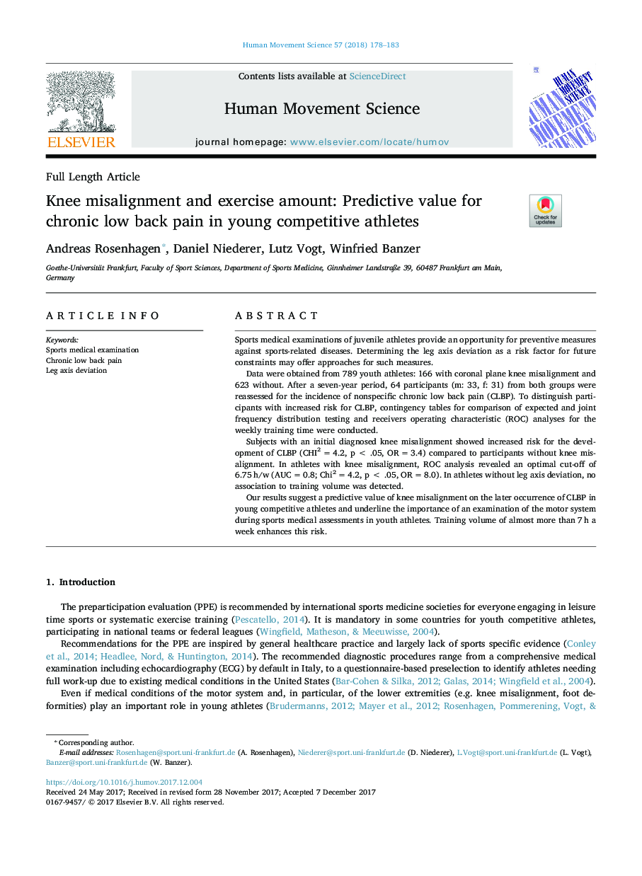 Knee misalignment and exercise amount: Predictive value for chronic low back pain in young competitive athletes