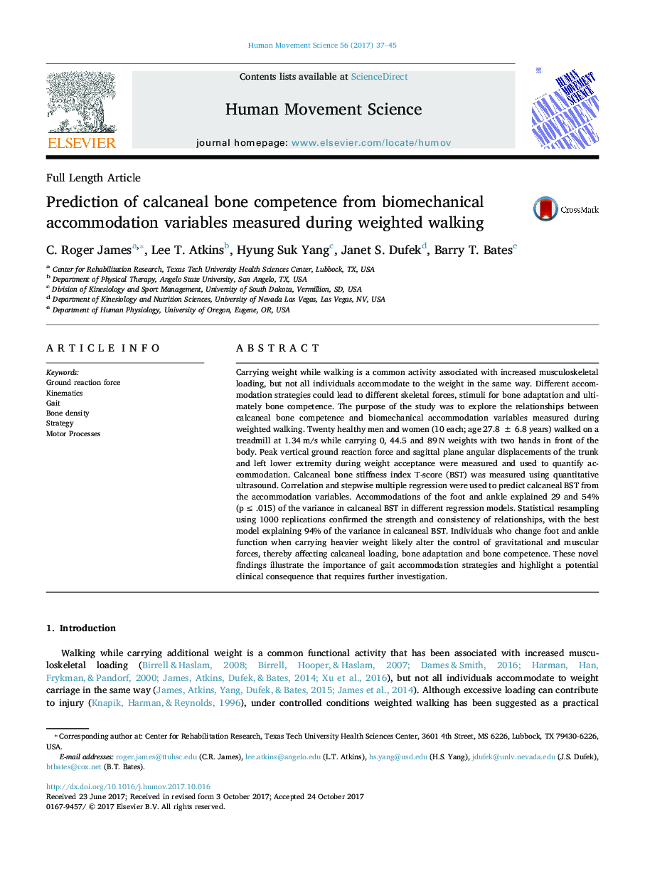 Prediction of calcaneal bone competence from biomechanical accommodation variables measured during weighted walking