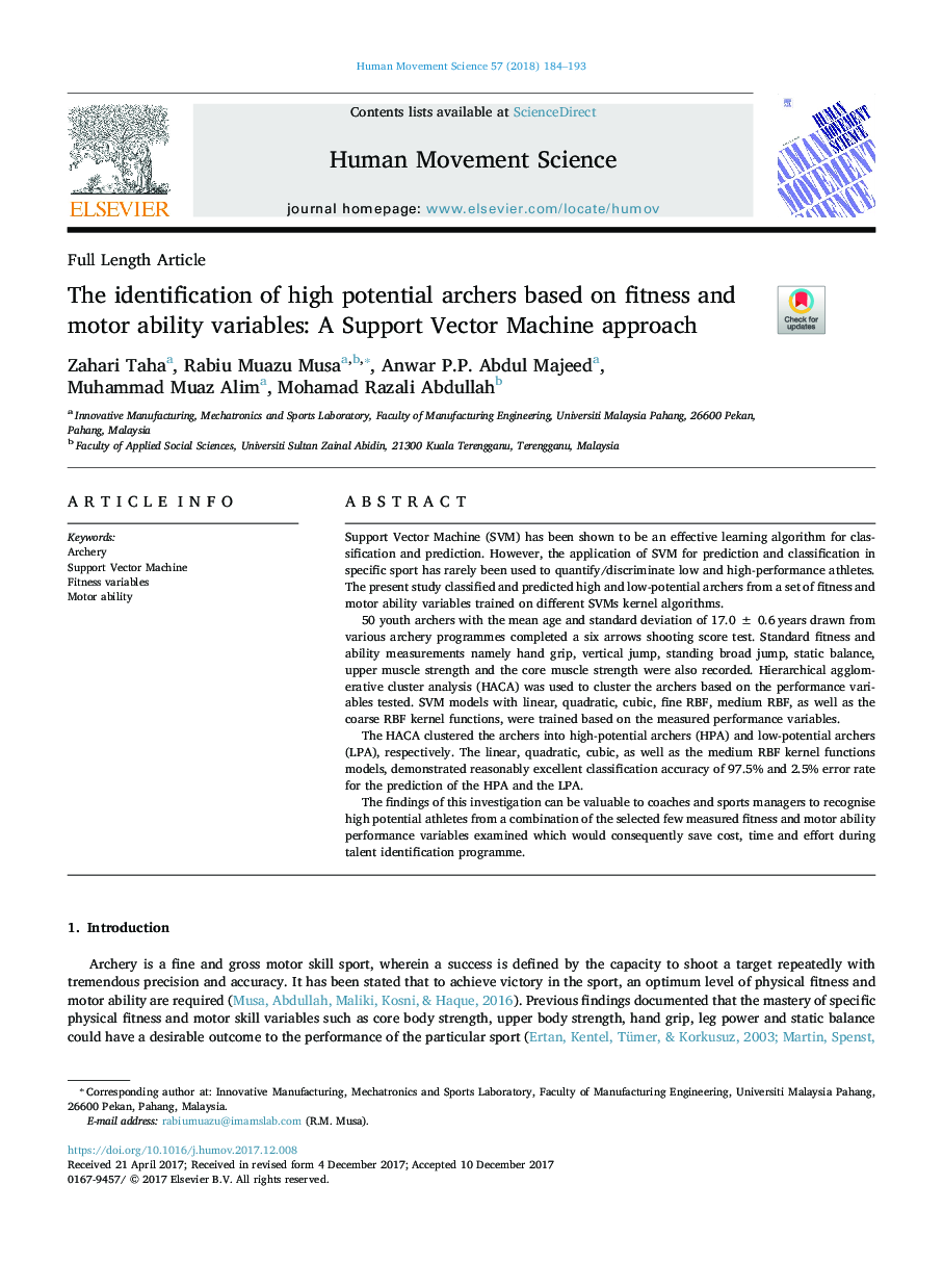 The identification of high potential archers based on fitness and motor ability variables: A Support Vector Machine approach