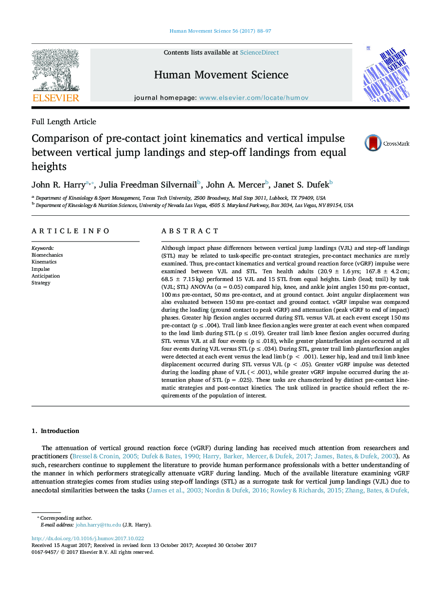 Comparison of pre-contact joint kinematics and vertical impulse between vertical jump landings and step-off landings from equal heights