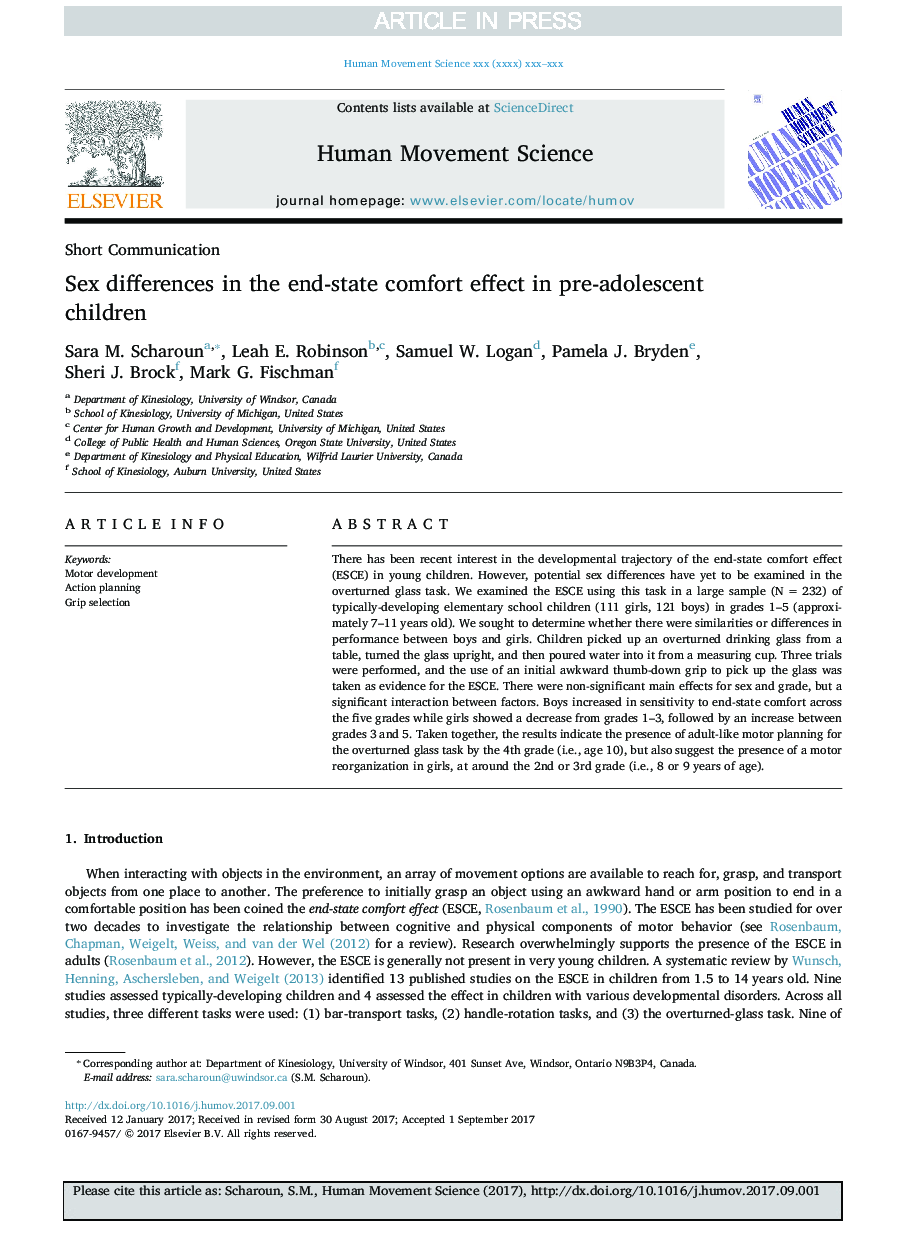 Sex differences in the end-state comfort effect in pre-adolescent children