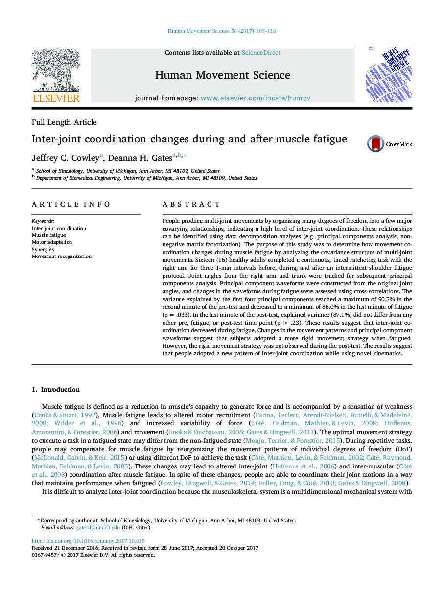 Inter-joint coordination changes during and after muscle fatigue