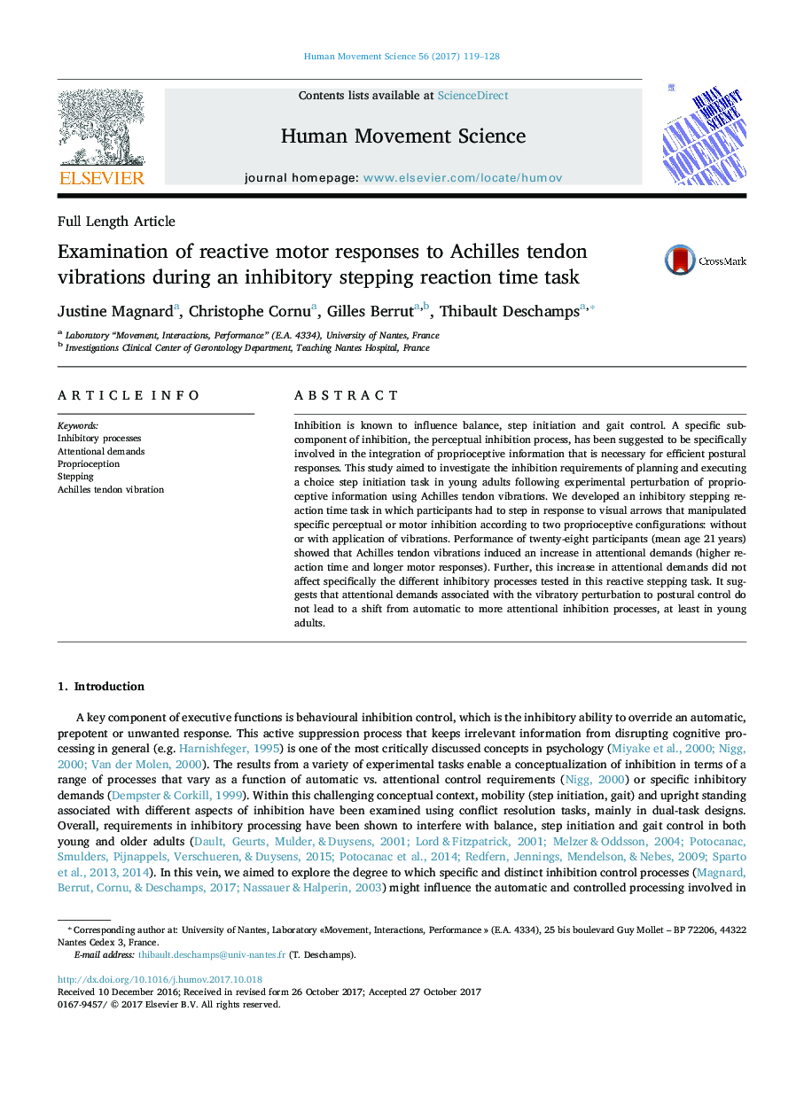 Examination of reactive motor responses to Achilles tendon vibrations during an inhibitory stepping reaction time task