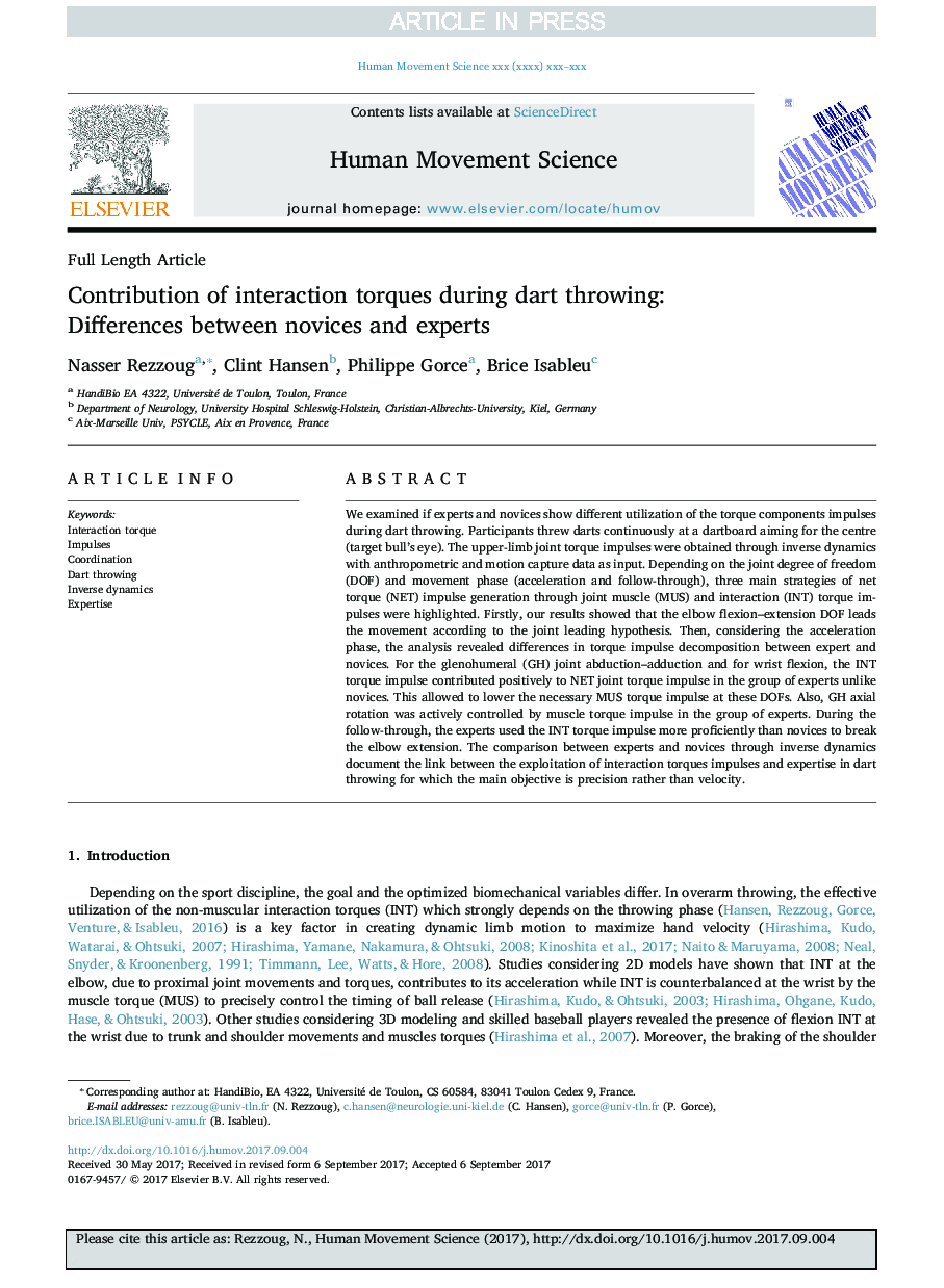 Contribution of interaction torques during dart throwing: Differences between novices and experts