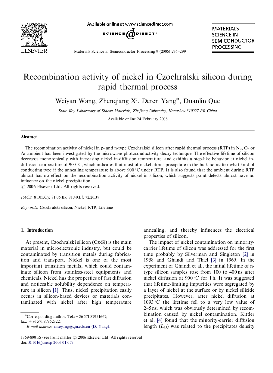 Recombination activity of nickel in Czochralski silicon during rapid thermal process