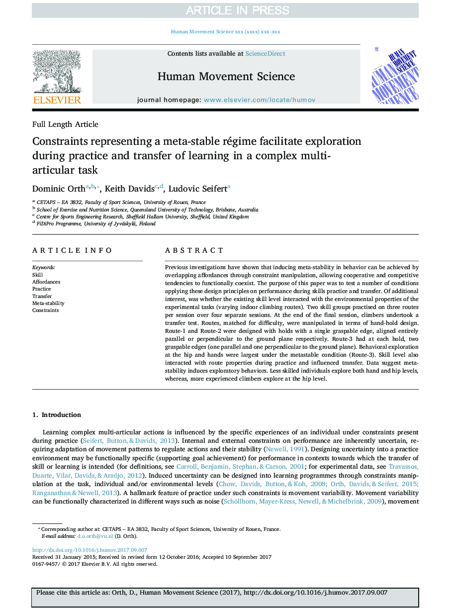 Constraints representing a meta-stable régime facilitate exploration during practice and transfer of learning in a complex multi-articular task