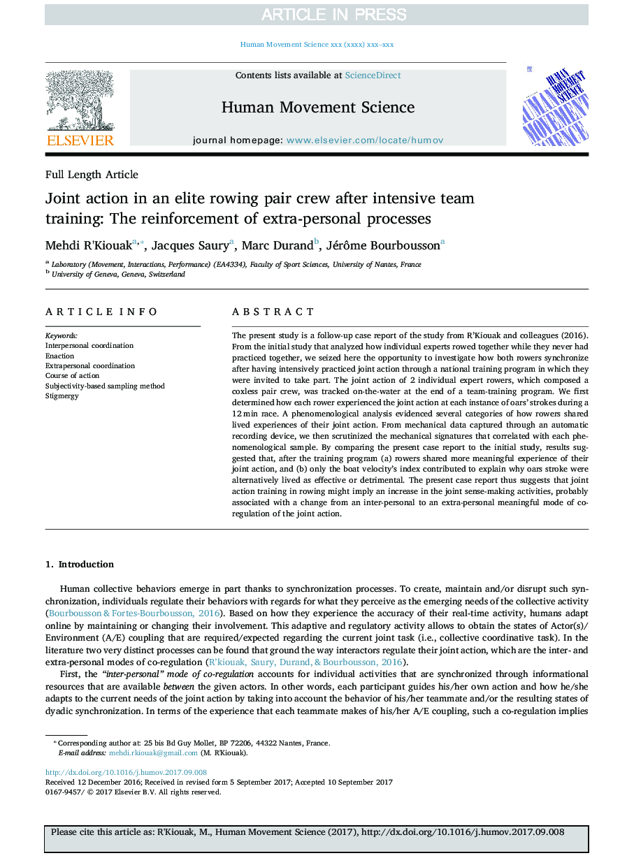 Joint action in an elite rowing pair crew after intensive team training: The reinforcement of extra-personal processes