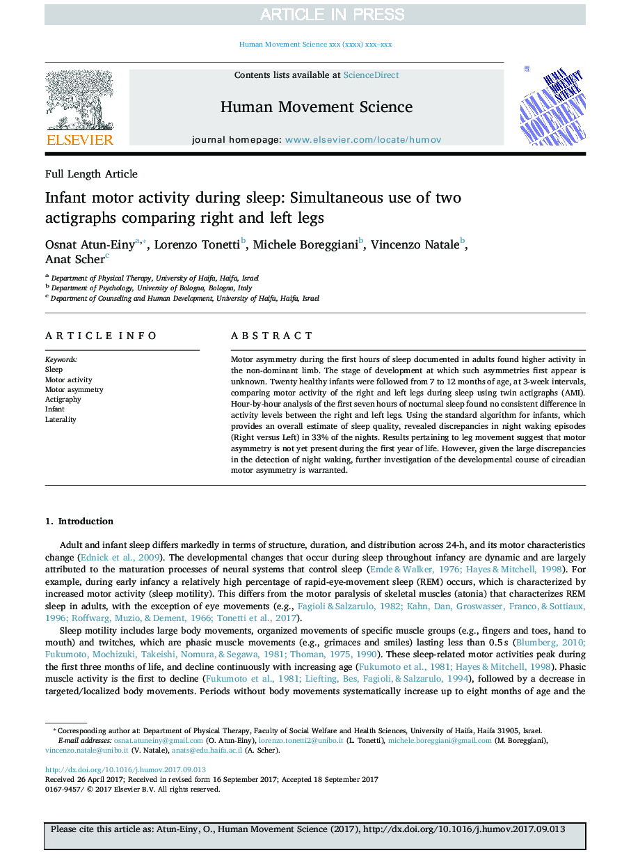 Infant motor activity during sleep: Simultaneous use of two actigraphs comparing right and left legs