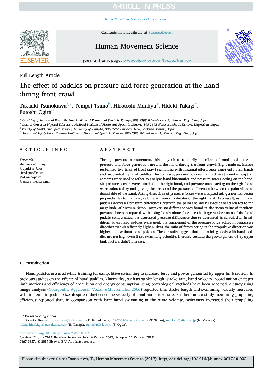 The effect of paddles on pressure and force generation at the hand during front crawl