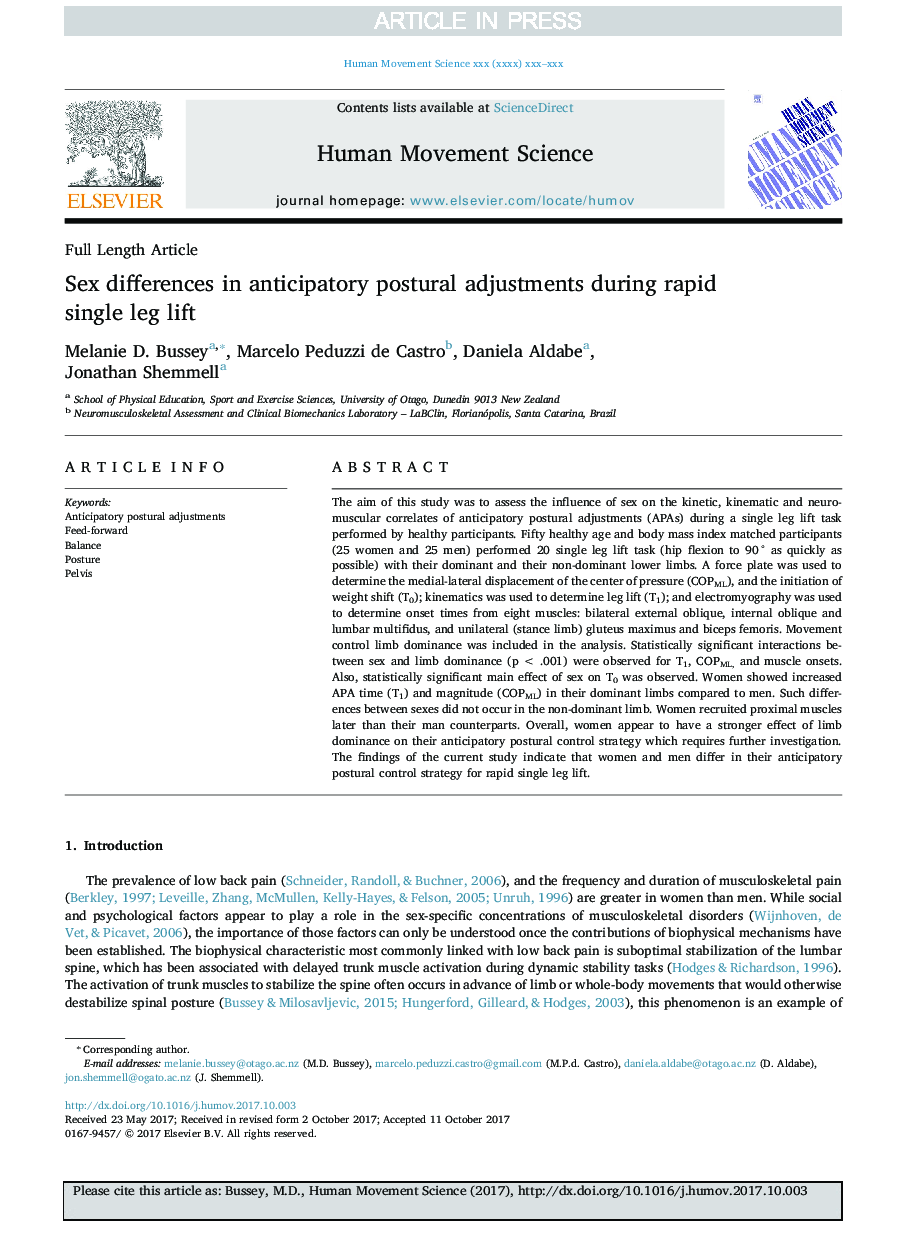 Sex differences in anticipatory postural adjustments during rapid single leg lift