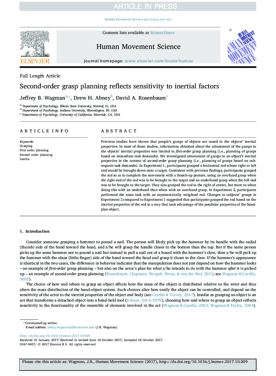 Second-order grasp planning reflects sensitivity to inertial factors