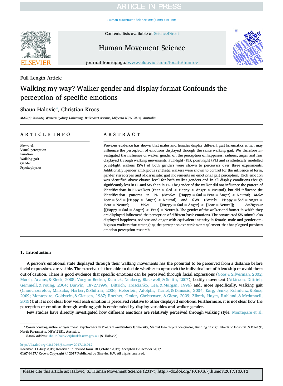 Walking my way? Walker gender and display format Confounds the perception of specific emotions