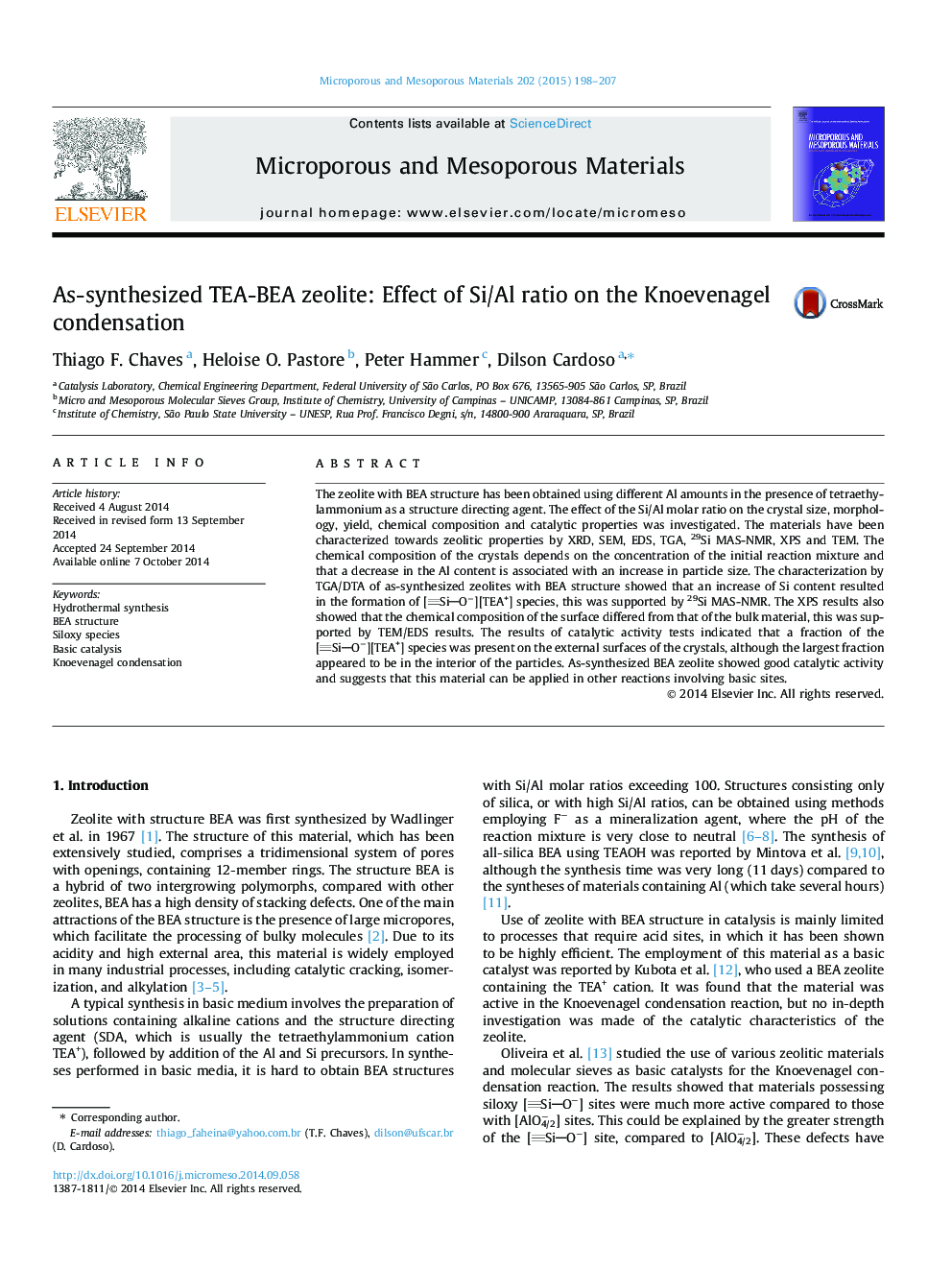 As-synthesized TEA-BEA zeolite: Effect of Si/Al ratio on the Knoevenagel condensation