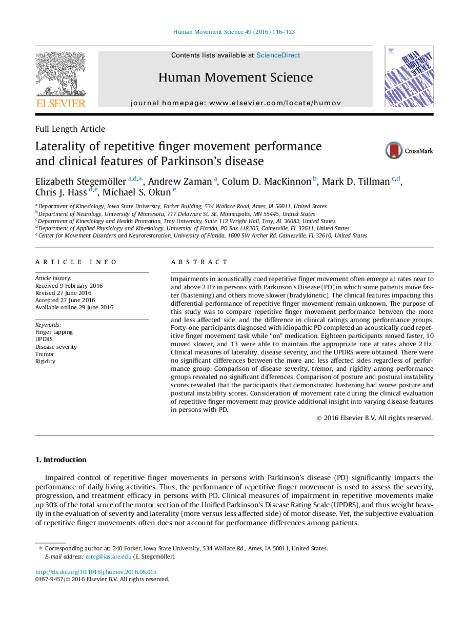 Laterality of repetitive finger movement performance and clinical features of Parkinson's disease